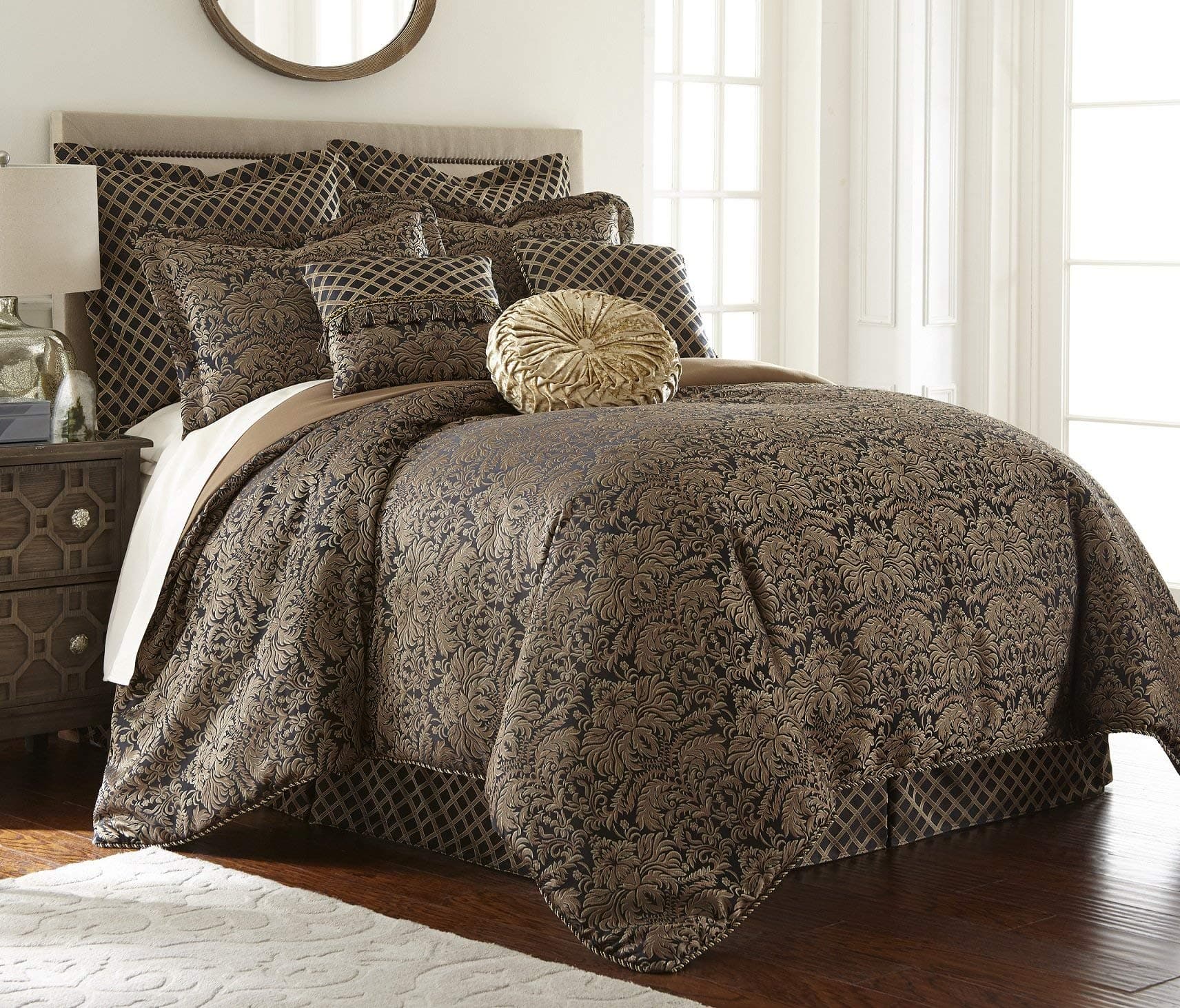 Valencia 9-Piece Black Gold Floral Jacquard Oversized Comforter Set (Queen)
