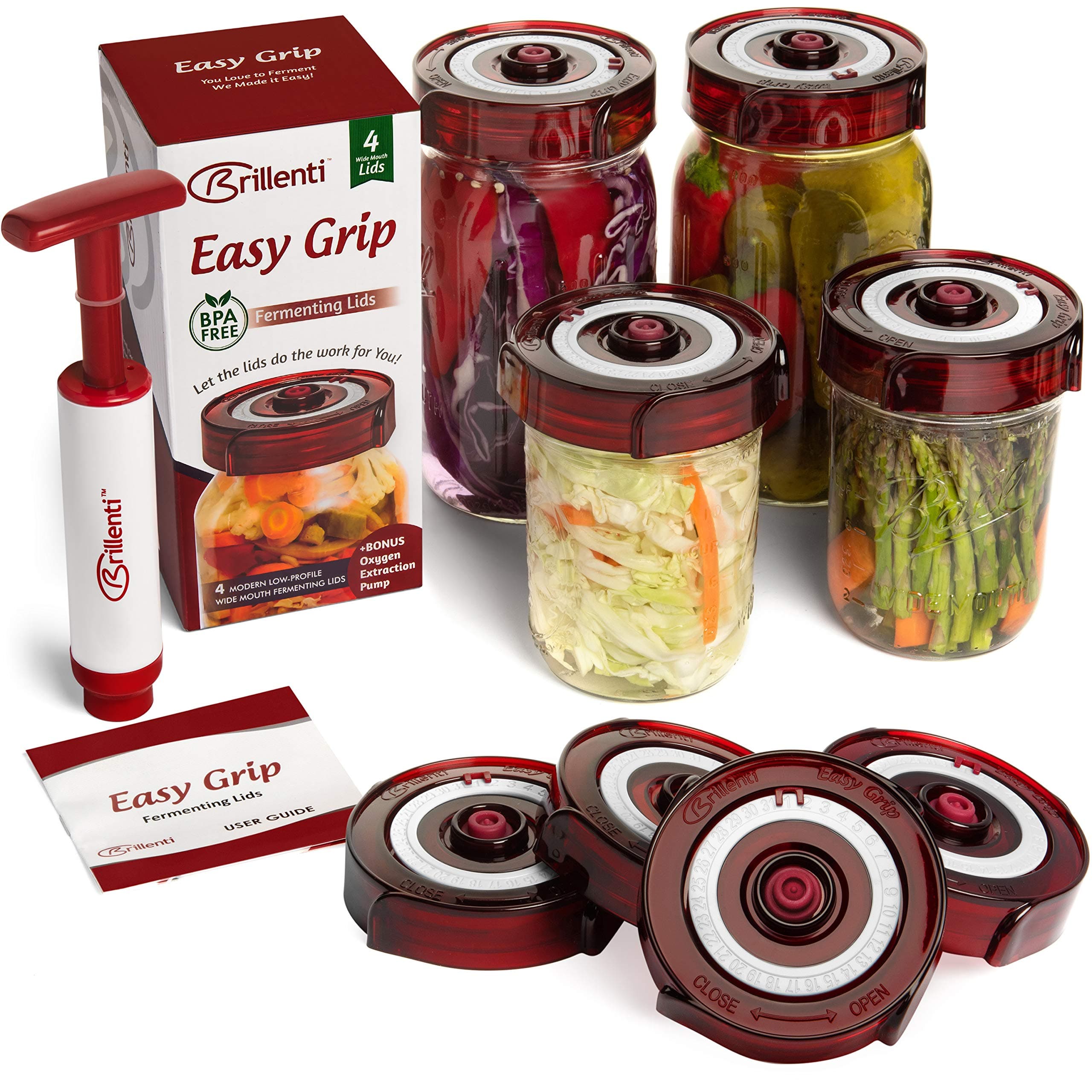 Fermentation Lids Kit by 4 waterless airlock fermenting lids fit wide mouth mason jars. Easy Grip fermenter lid with Oxygen Pump automatically Vents air - Tracks your lacto ferment date.