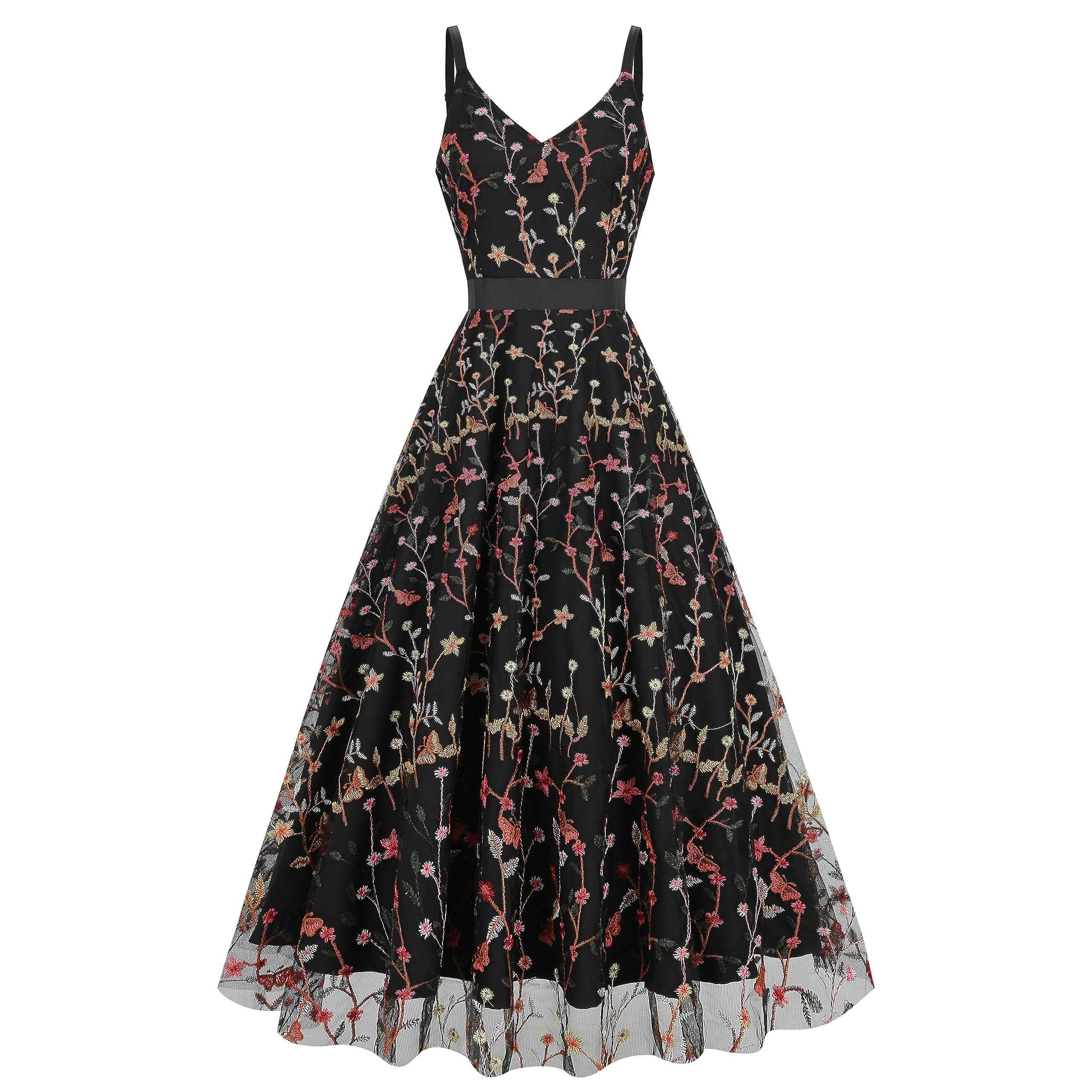 Floral Embroidered Dress for Women Long Flower Embroidery Dress Tulle Prom Dress Embroidery Mesh Floral Print Dress Vintage Spaghetti Straps Formal Evening Party Homecoming Wedding Guest Dress Black L