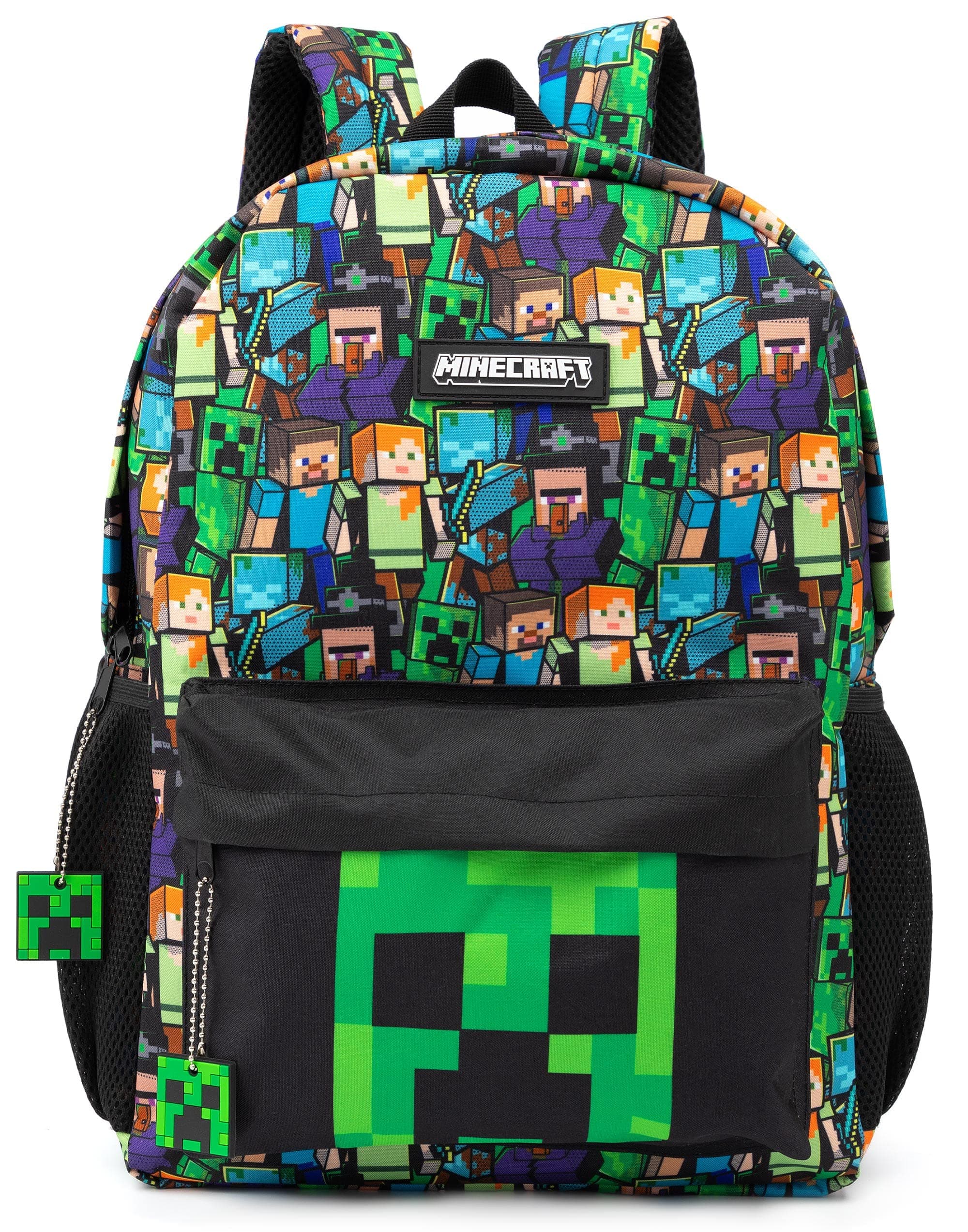 Backpack For Boys | Kids Gamer Black School Rucksack | Green Creeper Zombie Skeleton Enderman & Cave Spider