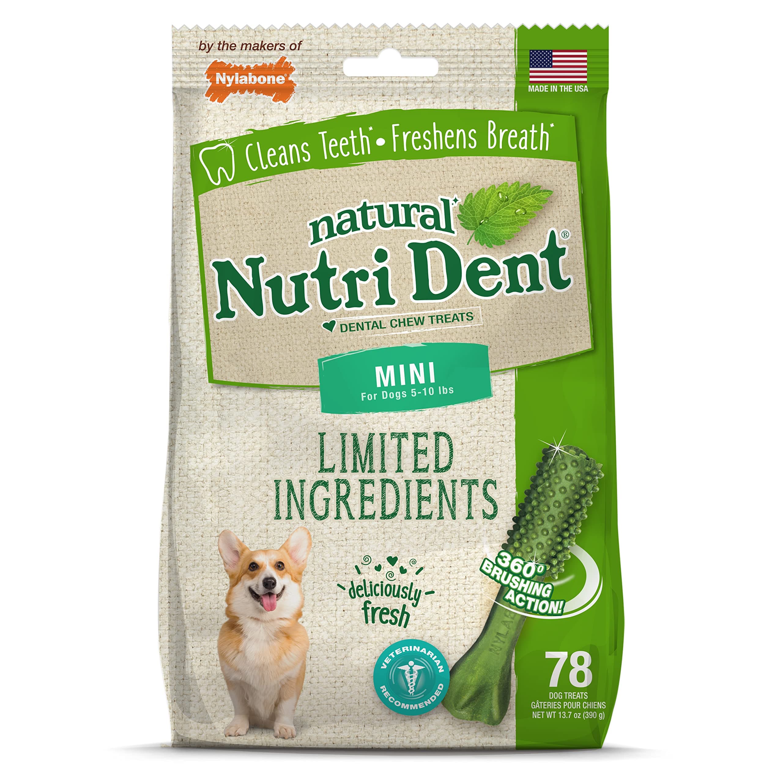 Nutri Dent Natural Dental Chews for Dogs, Limited Ingredient Dog Treats Made in the USA, Clean Teeth & Fresh Breath, Healthy Dog Chews, Fresh Breath Flavor, For X-Small Dogs, (78 Count)