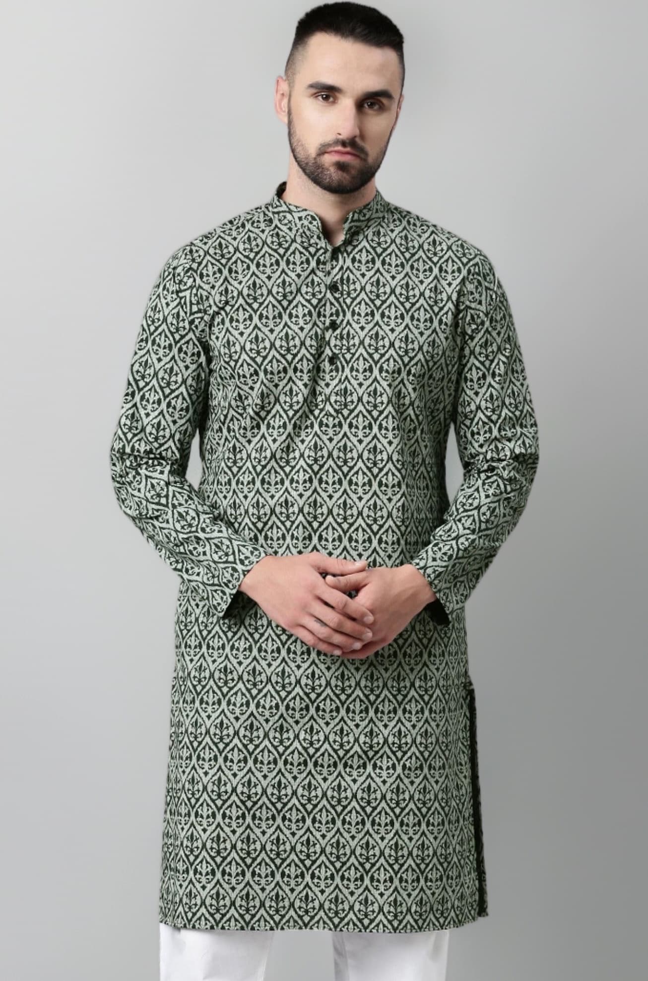 Majestic Man Men's Cotton Regular Fit Casual Mandarin Collar Ethnic Motifs Printed Long Regular Kurta