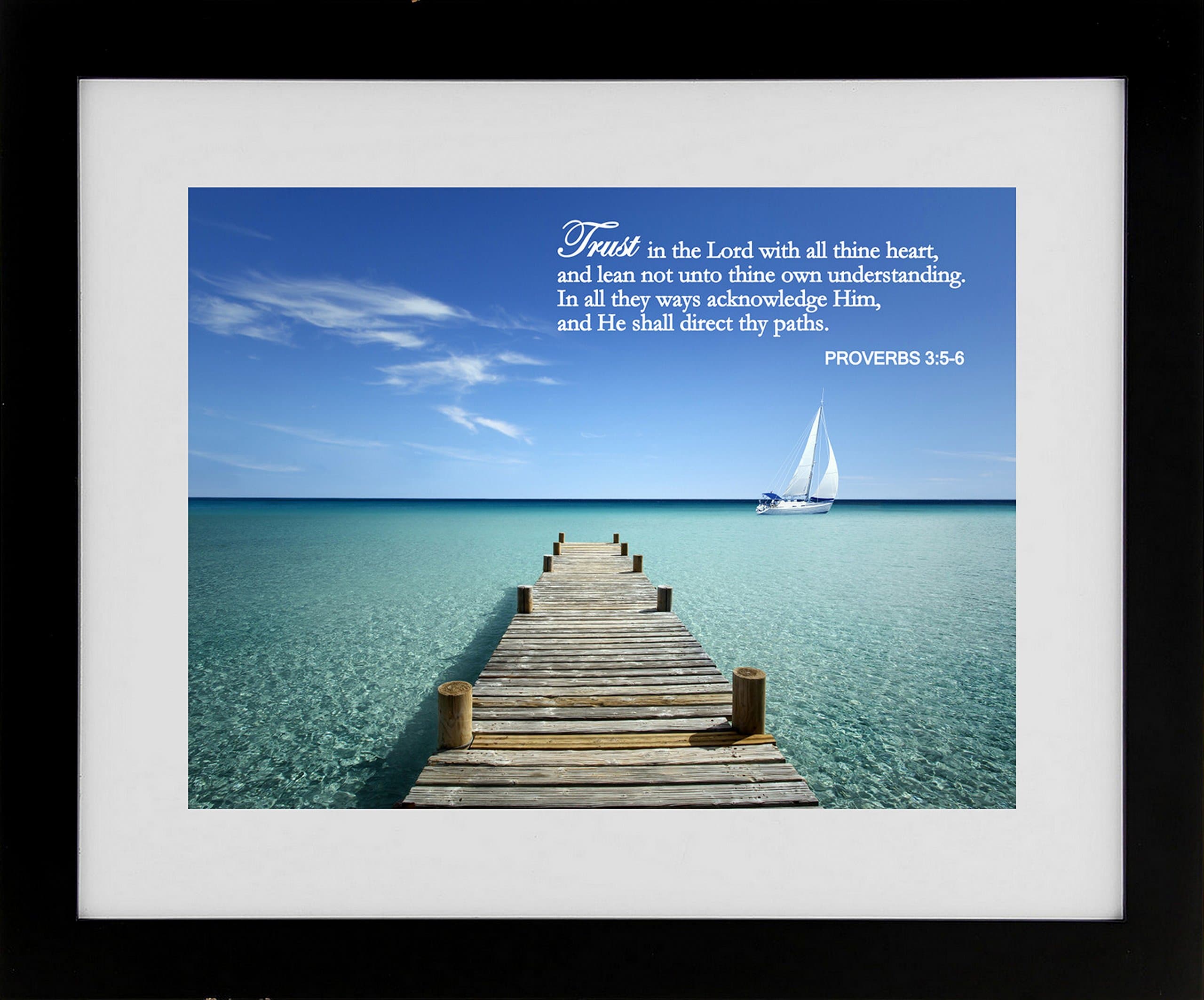 Christian Art 16x20 Framed Beach Scene "Trust in the Lord" with Inspirational Bible Verses Proverbs 3:5-6 Outdoor Wall Art Series