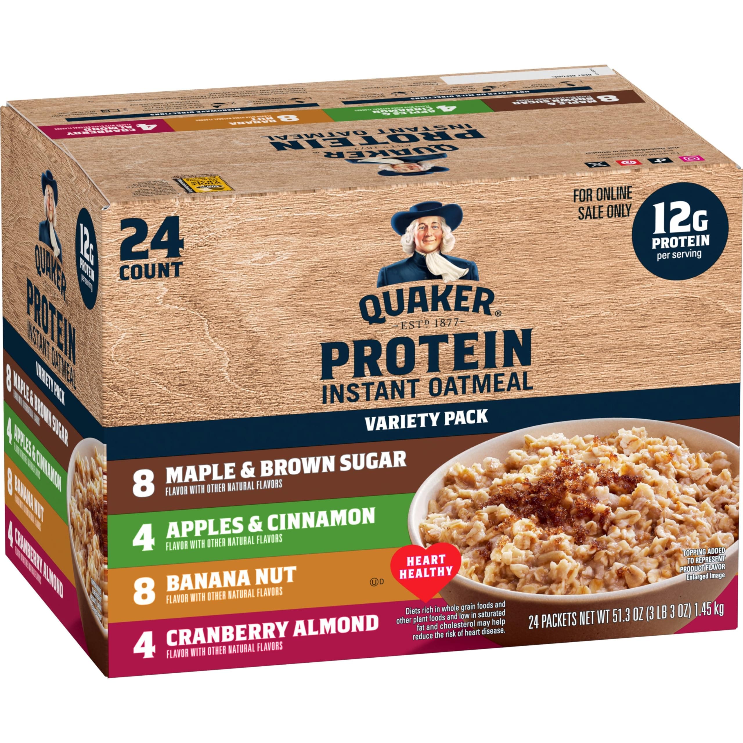 Instant Oatmeal, Protein 4 Flavor Variety Pack, 7g+ Protein, Individual Packets, 24 Count