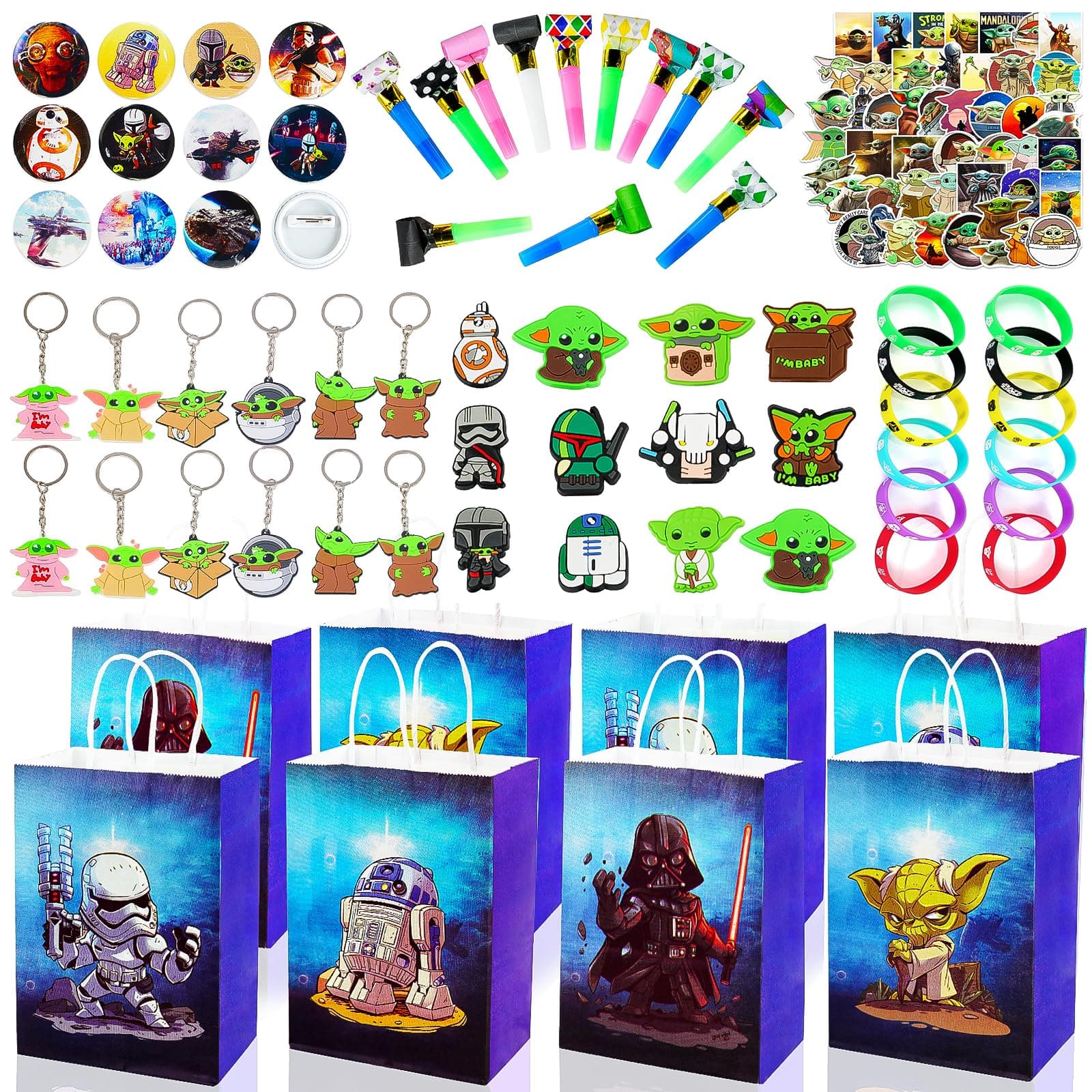 YIIHMEI War Party Bag Fillers for Kids Set 122 Pcs planet wars party supplies with Goodie Bags Rubber Bracelet Blowing Dragon Badge Keychain etc War Party Favours Perfect for Birthday Return Present