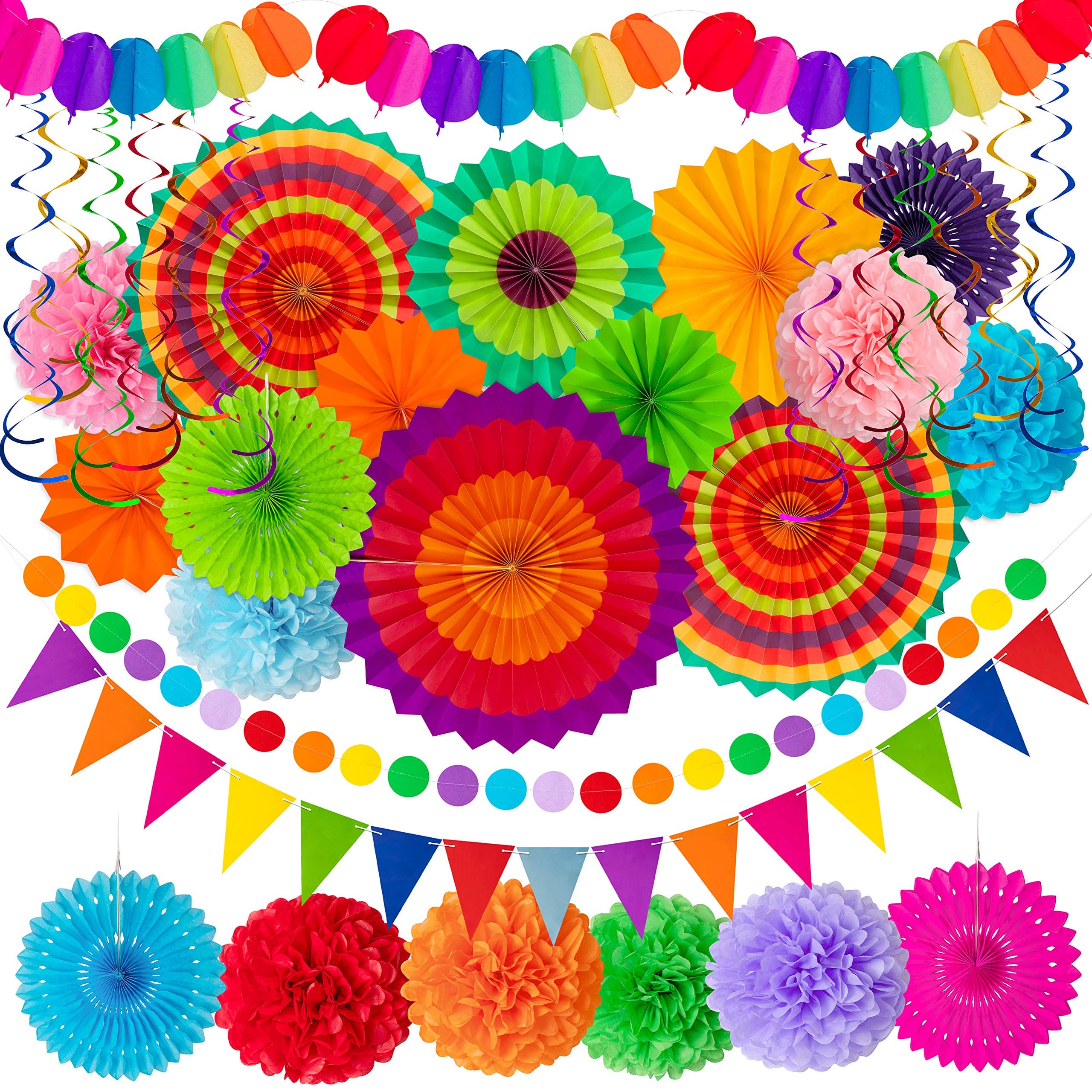 Moon Boat 35PCS Fiesta Paper Fan Party Decorations Set - Cinco De Mayo Pom Poms,Pennant,Garland String,Banner,Hanging Swirls Decor Supplies(Multicolored)