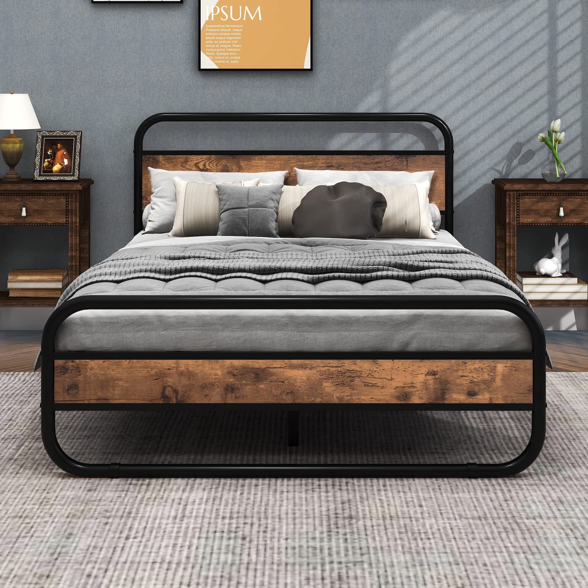 Double Bed Metal Platform Bed Frame with Wood Headboard/Mattress Base/Metal Slat Support/Black and Brown