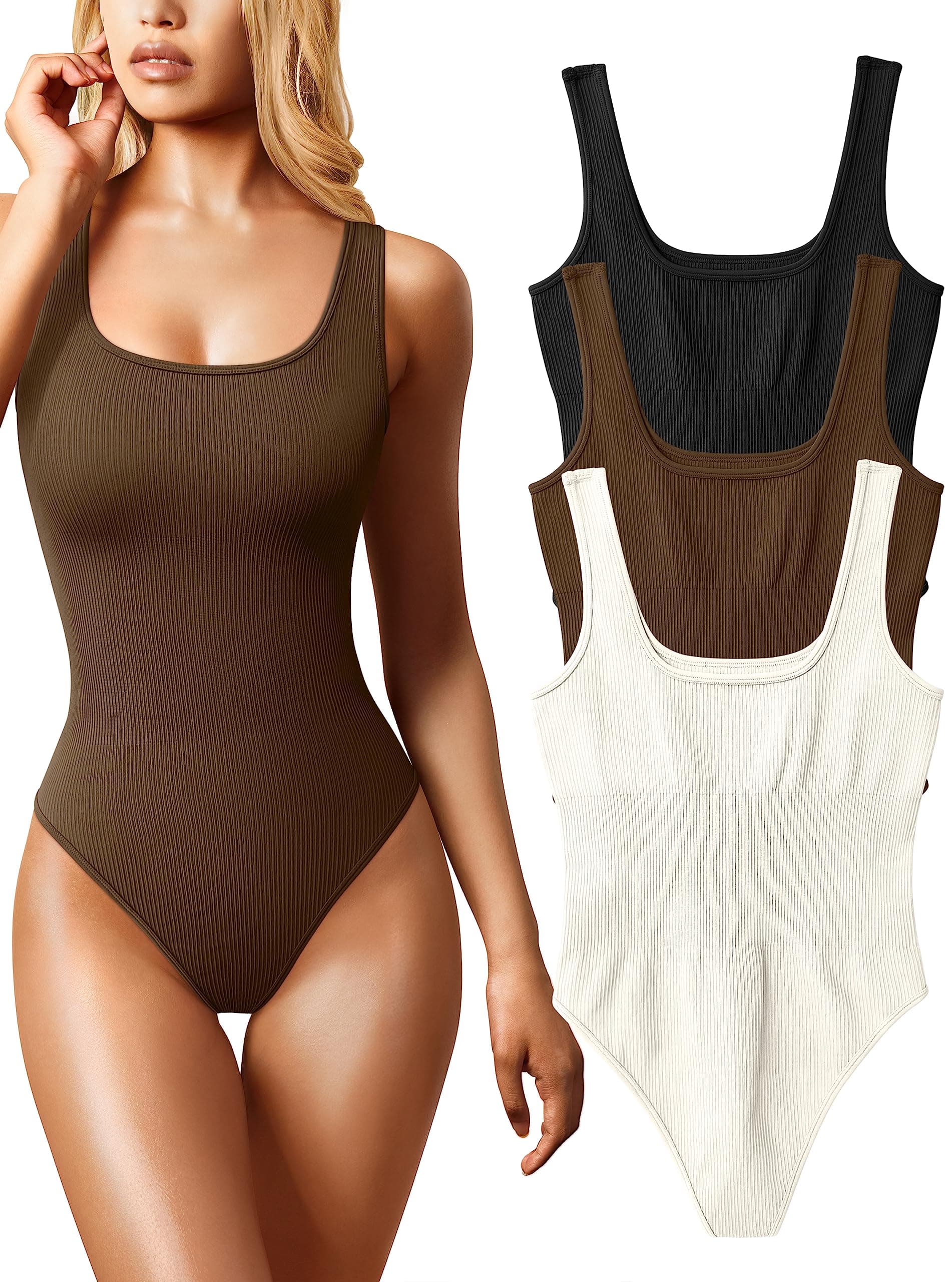 Women's 3 Piece Bodysuits Sexy Ribbed Sleeveless Square Neck Tank Tops Leotard 2025 Trendy Outfits