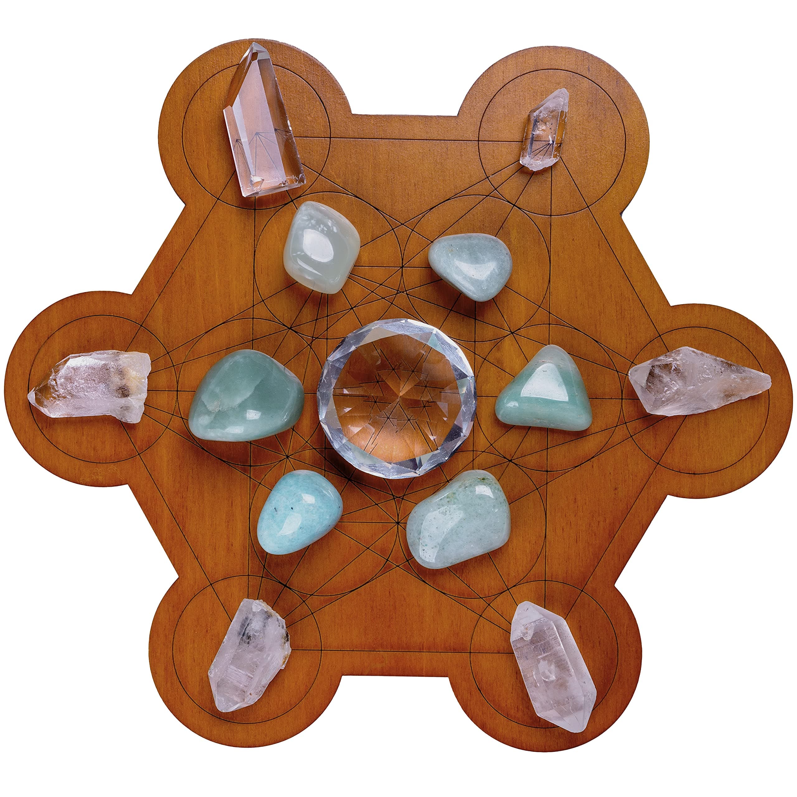Curawood Crystal Grid Board for Stones - 10" Diameter Metatron's Cube Sacred Geometry Board - Amplify the Power of Your Crystals - Chakra Grid Plate, Altar Decor - Cubo de Metatron