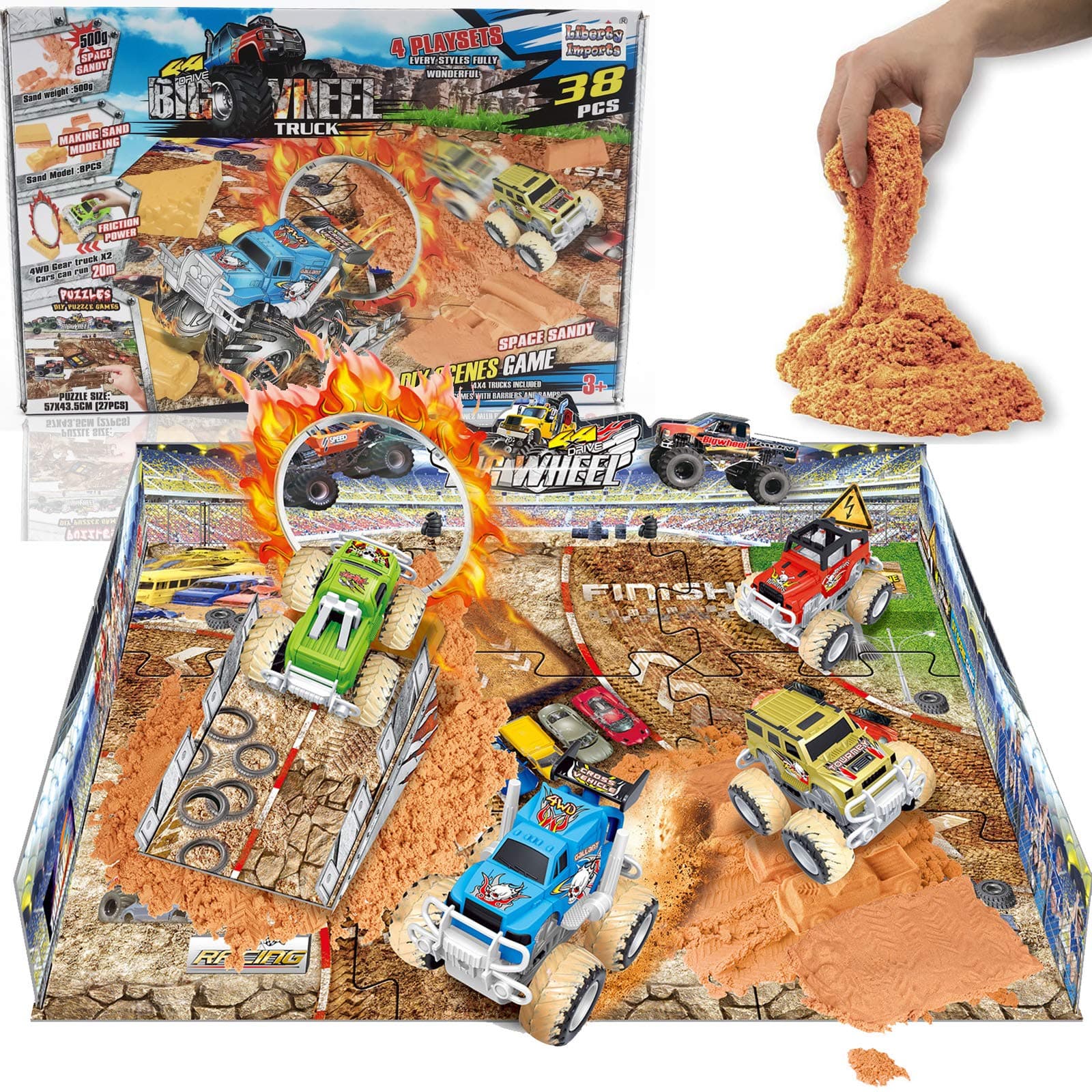 Big Wheel Monster Truck Stunt Stadium Playset with DIY Puzzle Construction Playmat, 2 Friction Monster Trucks, and Play Dirt (38 Pcs)