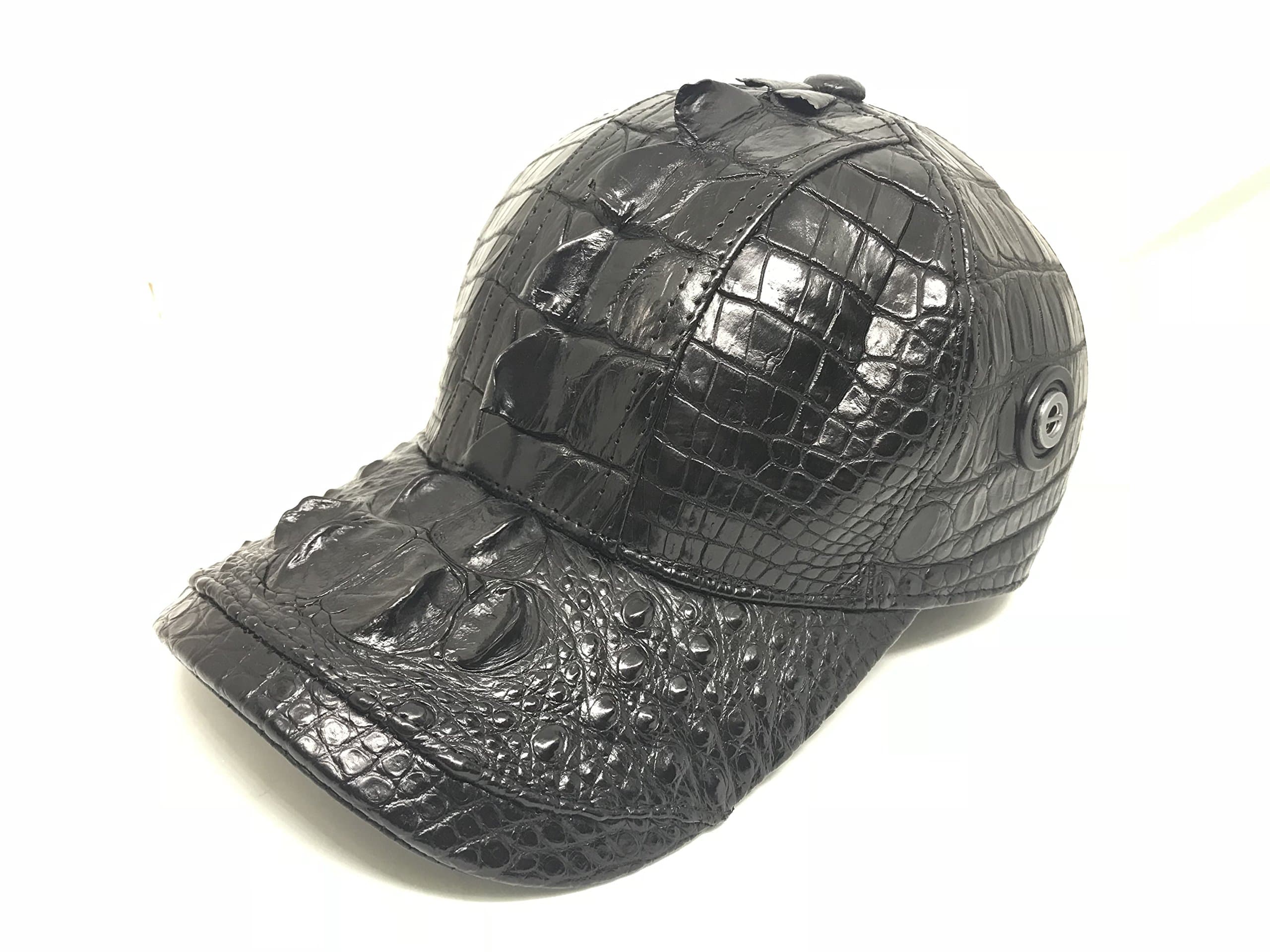 Handmade Genuine Croc Skin Leather Mens Cap Black