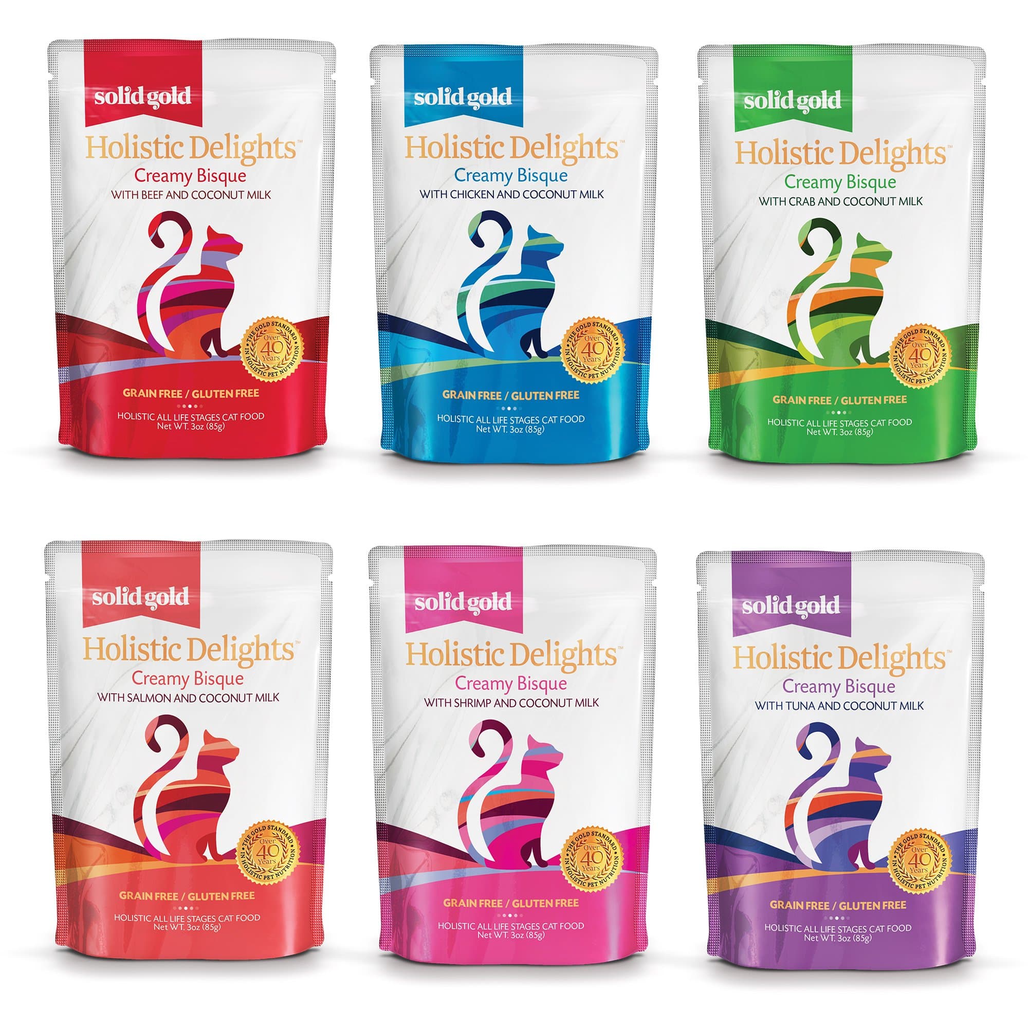 Solid Gold Creamy Bisque Wet Cat Food; Holistic Delights Coconut Milk & Poultry/Seafood Variety Pack, 6 Flavors, 12Ct/3Oz Pouch