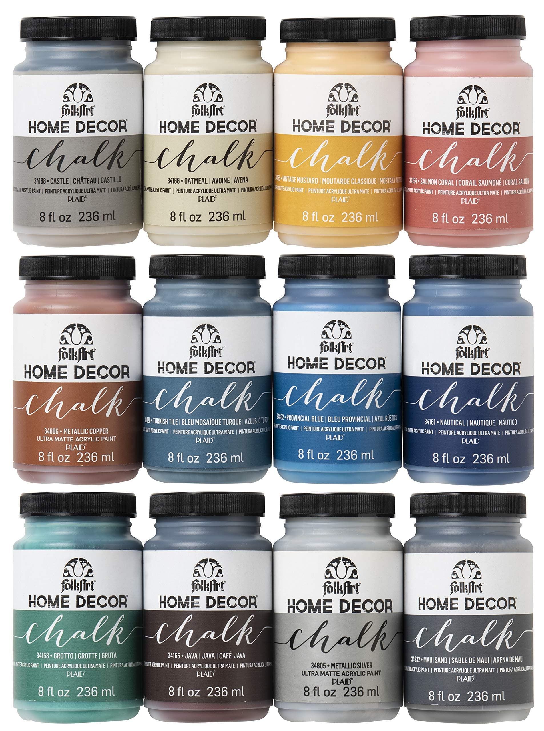 Folkart Home Decor Ultra Matte Chalk Finish Acrylic Craft Paint Set Formulated For No-Prep Application, Designed For Beginners And Artists, 8 Fl Oz (Pack of 12)