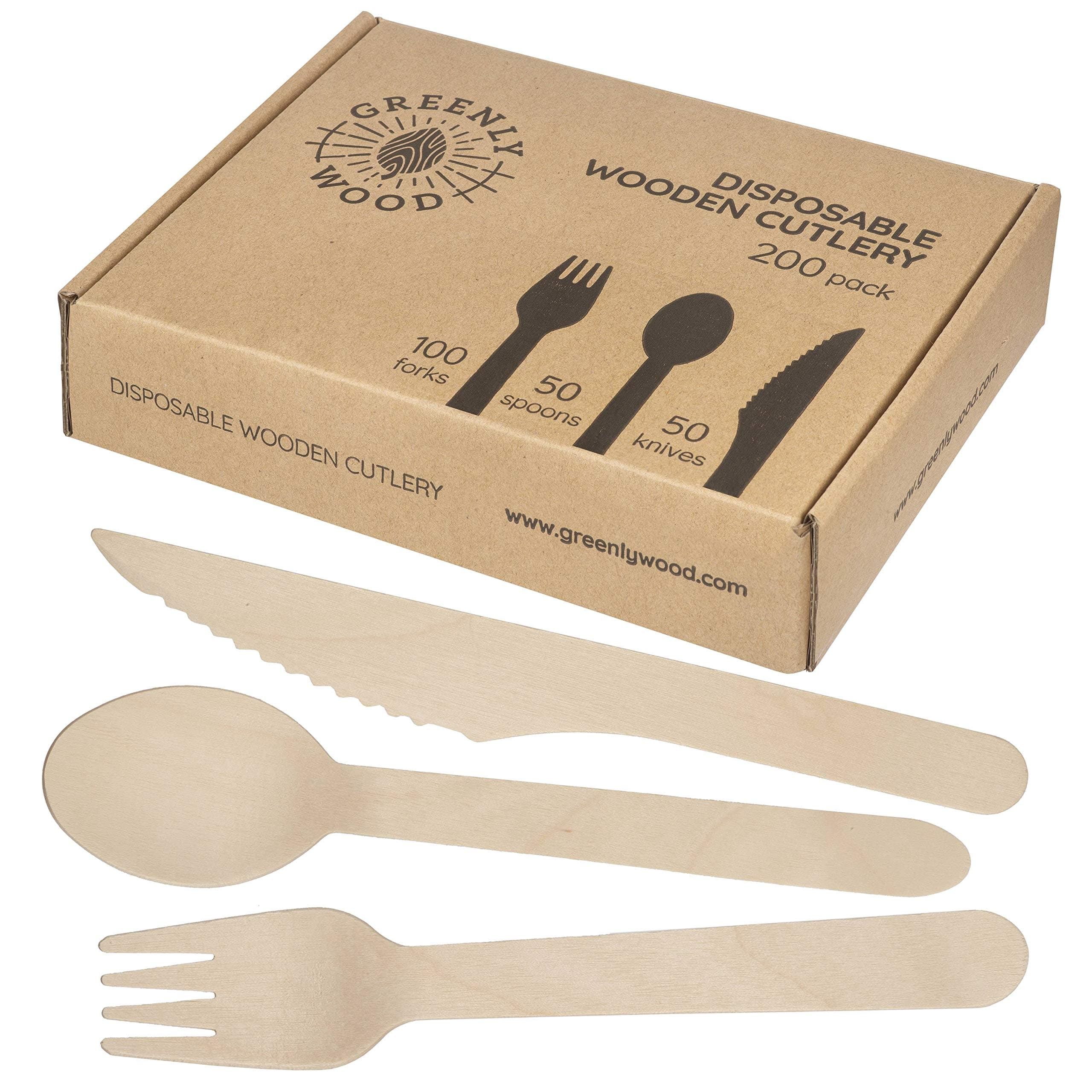 200 Pack Disposable Wooden Utensils Set | All Natural Birchwood Biodegradable Compostable Cutlery (100 Forks, 50 Spoons, 50 Knives)