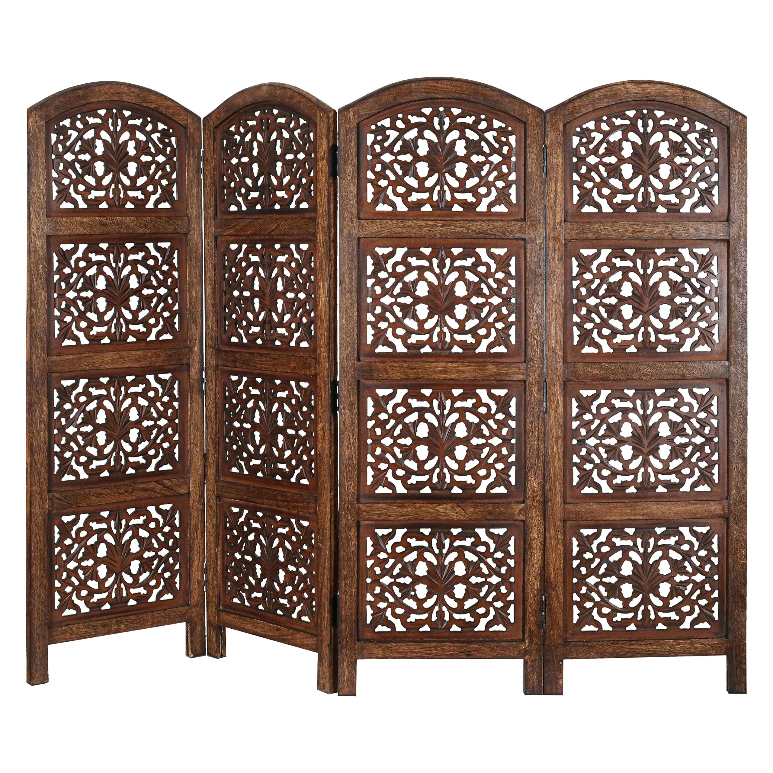 Room Divider Wood Screen Panel – Burnt Brown, 4-Panel Folding 64"x48", Hand-Carved, Reversible Privacy Partition, Decorative & Functional Portable Room Divider for Home or Office