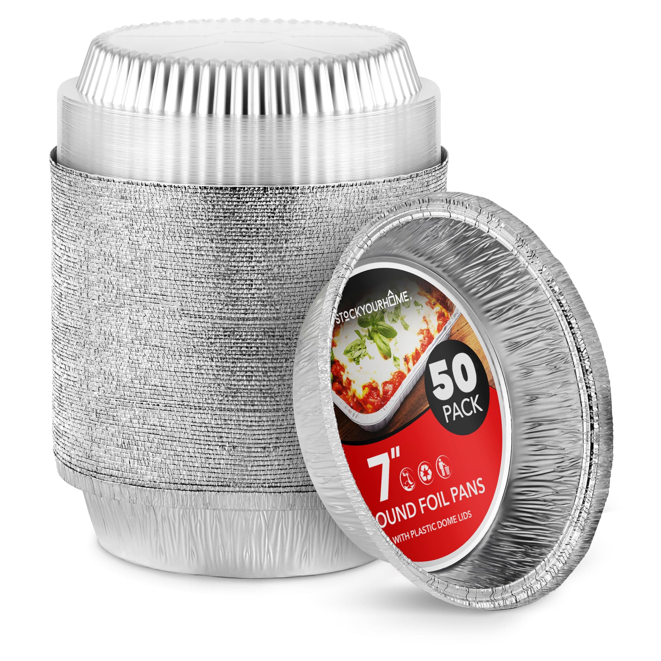 7 Inch Round Aluminum Pans with Lids (50 Pack) Disposable Foil Pan with Clear Dome Top, To Go Pie Tins, Containers for Baking or Take out Food