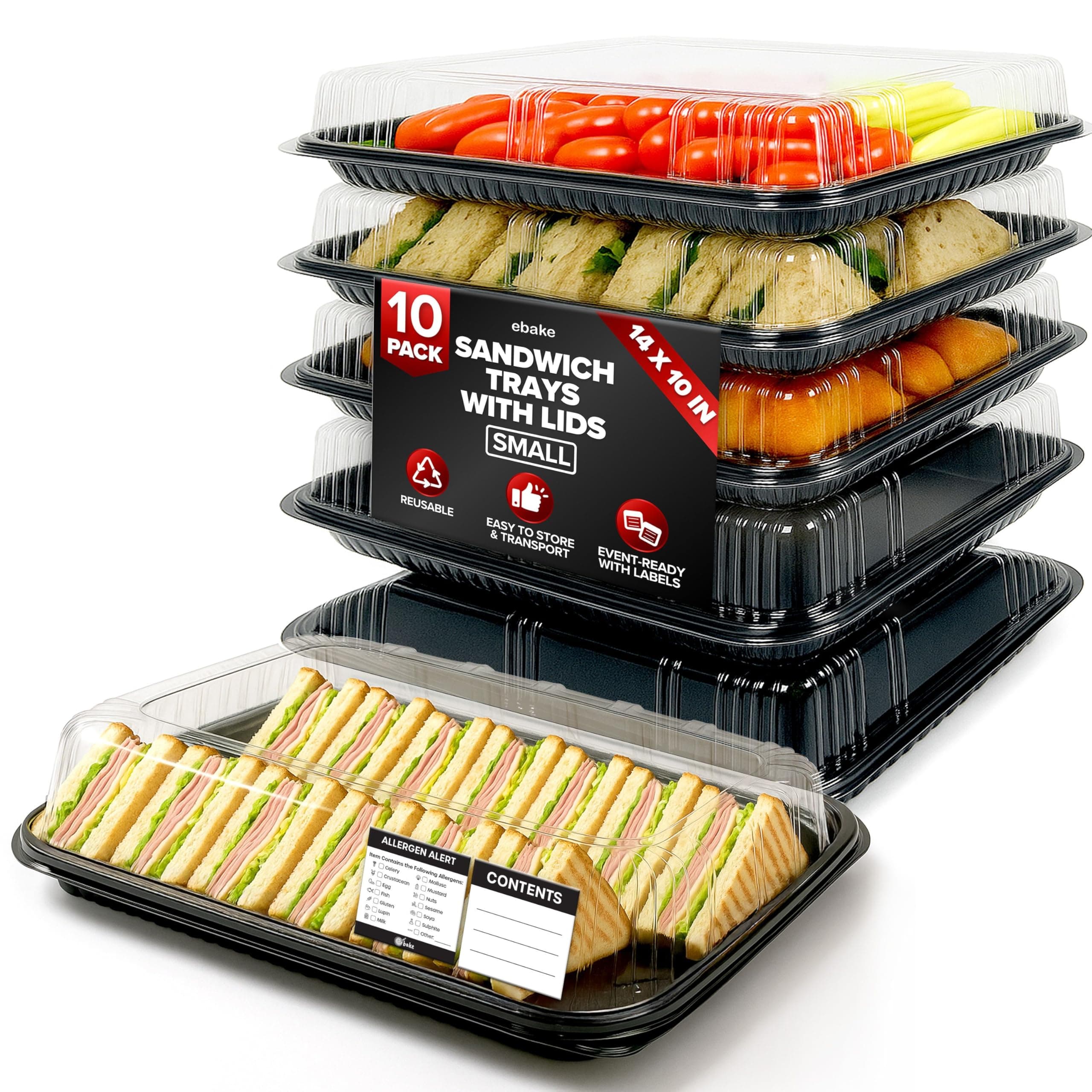 10 Pack Sandwich Platter Trays with Lids – Reusable Catering Food Trays for Parties, Buffets, Sushi, Sandwiches, Cake & Meal Prep (34 x 24 x 7.5 cm)