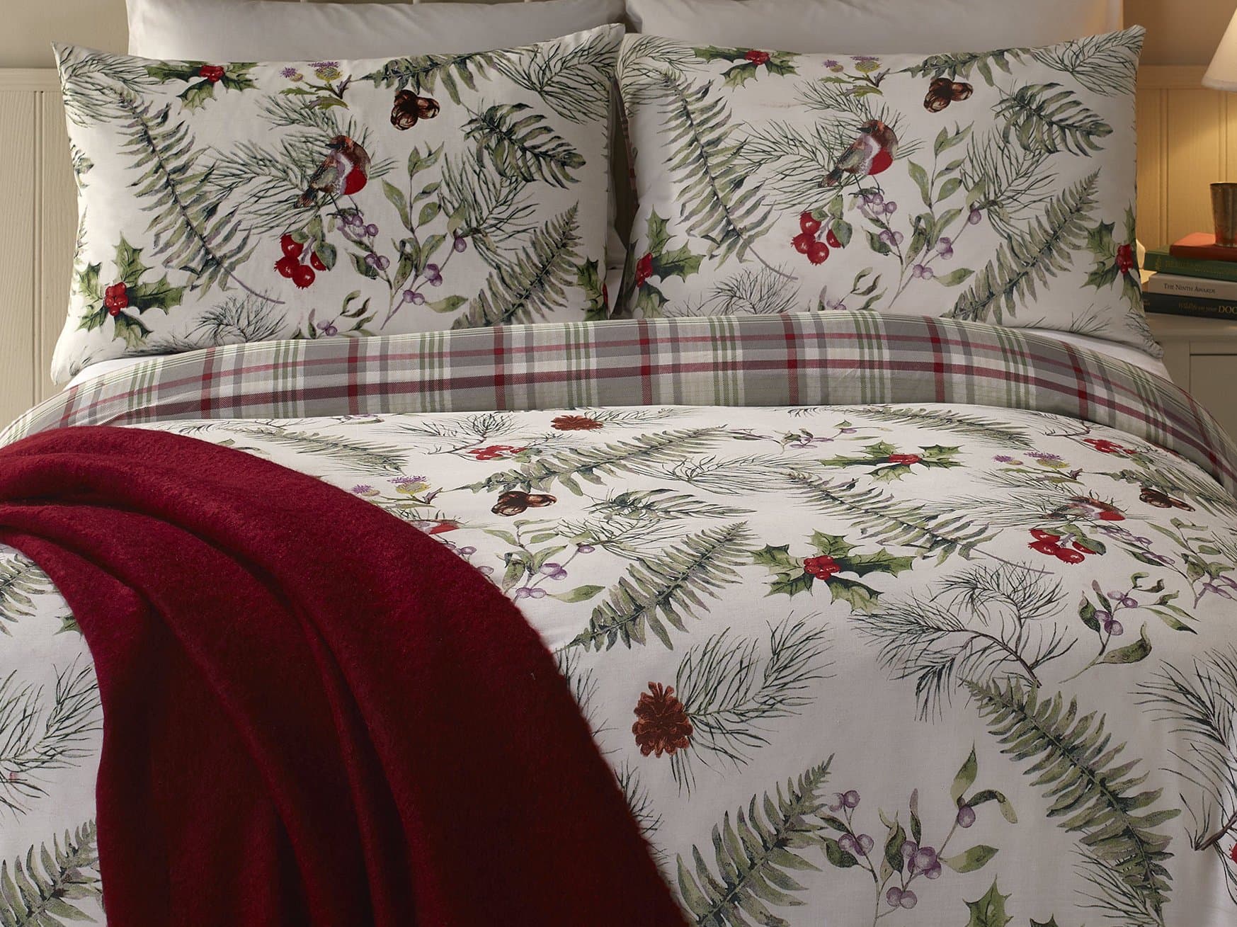 Fusion Winter Foliage Printed Front with Tartan Check Reverse Duvet Cover Set, Polyester-Cotton, White, King