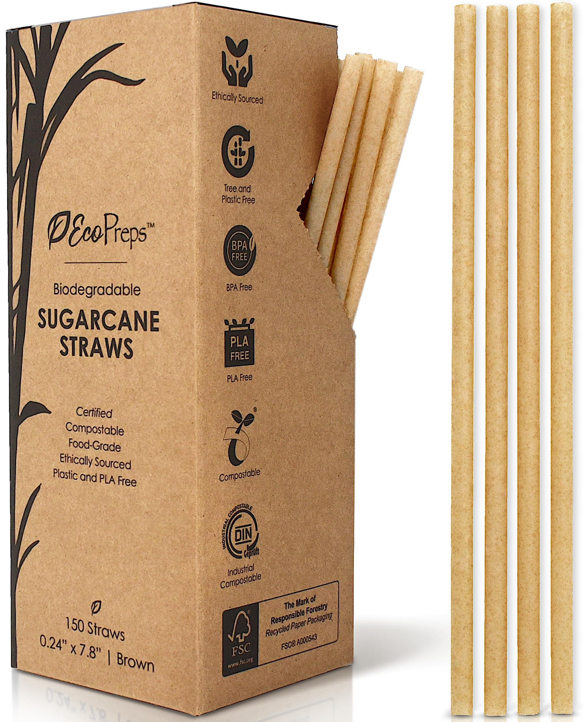 - EcoPreps Biodegradable Sugarcane Straws | 150 Count, 100% Compostable, Plastic-Free, & Eco-Friendly Drinking Straw | 7.8'' Sugar Fiber Disposable Straws, Smoothie Straw for Home, Restaurant, Parties