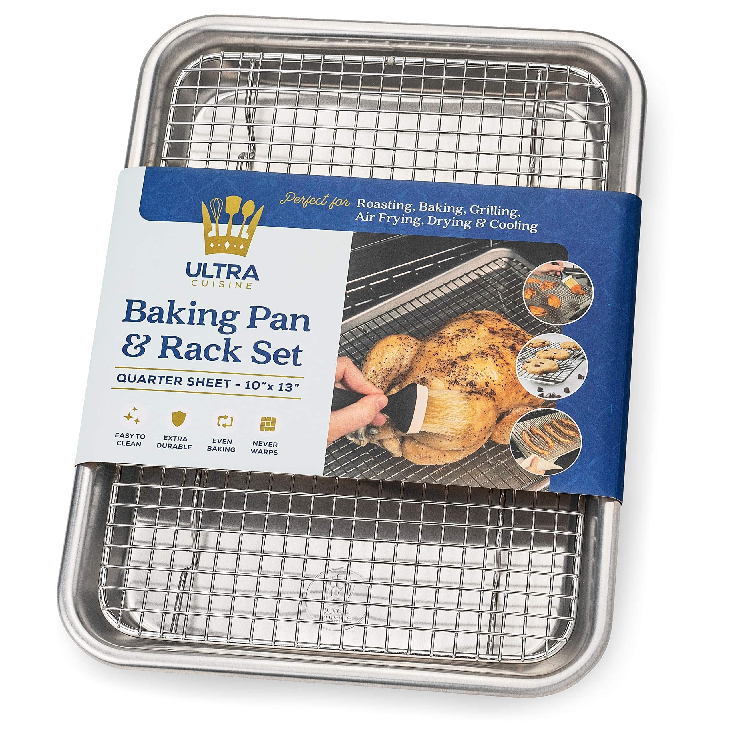 Ultra Cuisine Quarter Sheet Pan with Wire Rack Set - Includes Premium Aluminum Baking Sheet with 100% Stainless Steel Baking Rack, Cookie Cooling Racks with 1/4 Pan Commercial Quality