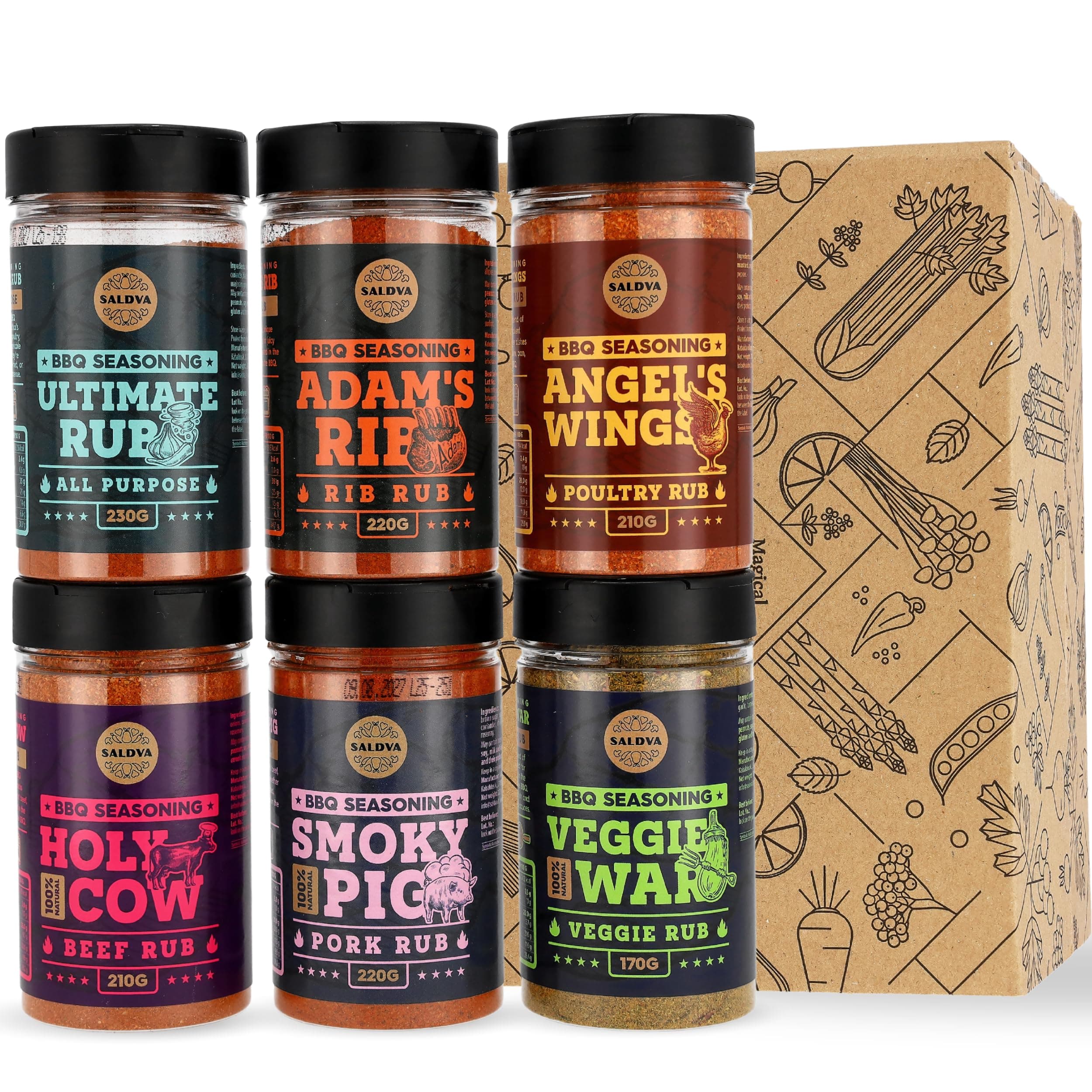 Classic Selection of Premium BBQ Seasonings - Holy Cow, Adam’s Rib, Angel’s Wings, Smoky Pig, Ultimate Rub & Veggie War BBQ Rubs | Pack of 6 | 100% Natural | Great Foodie Gift