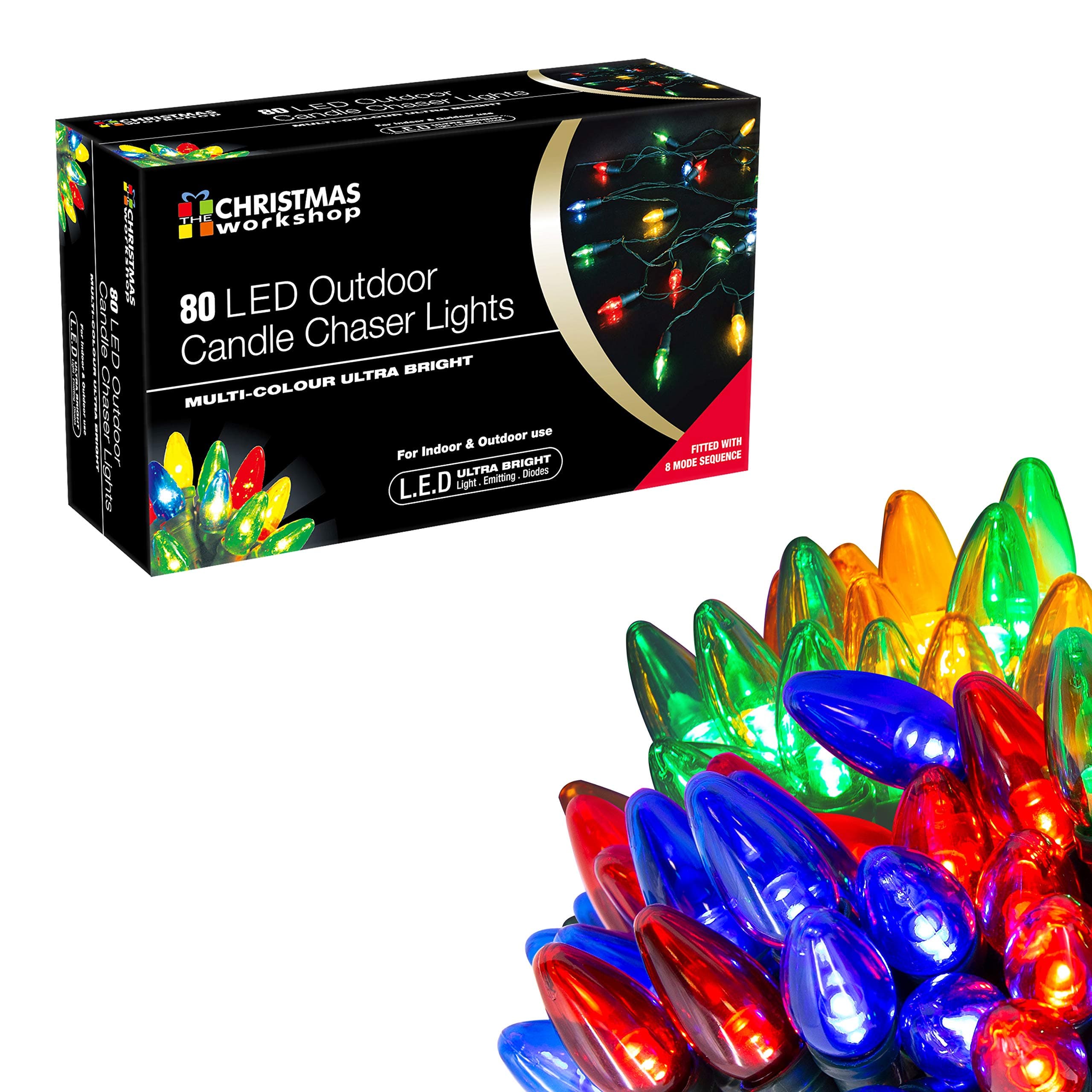 Christmas Workshop 80 Multi-Coloured LED Lights ~ Candle Chaser~ Indoor and Outdoor ~ Christmas, Weddings & Gardens ~ 8 Functions ~ 75370