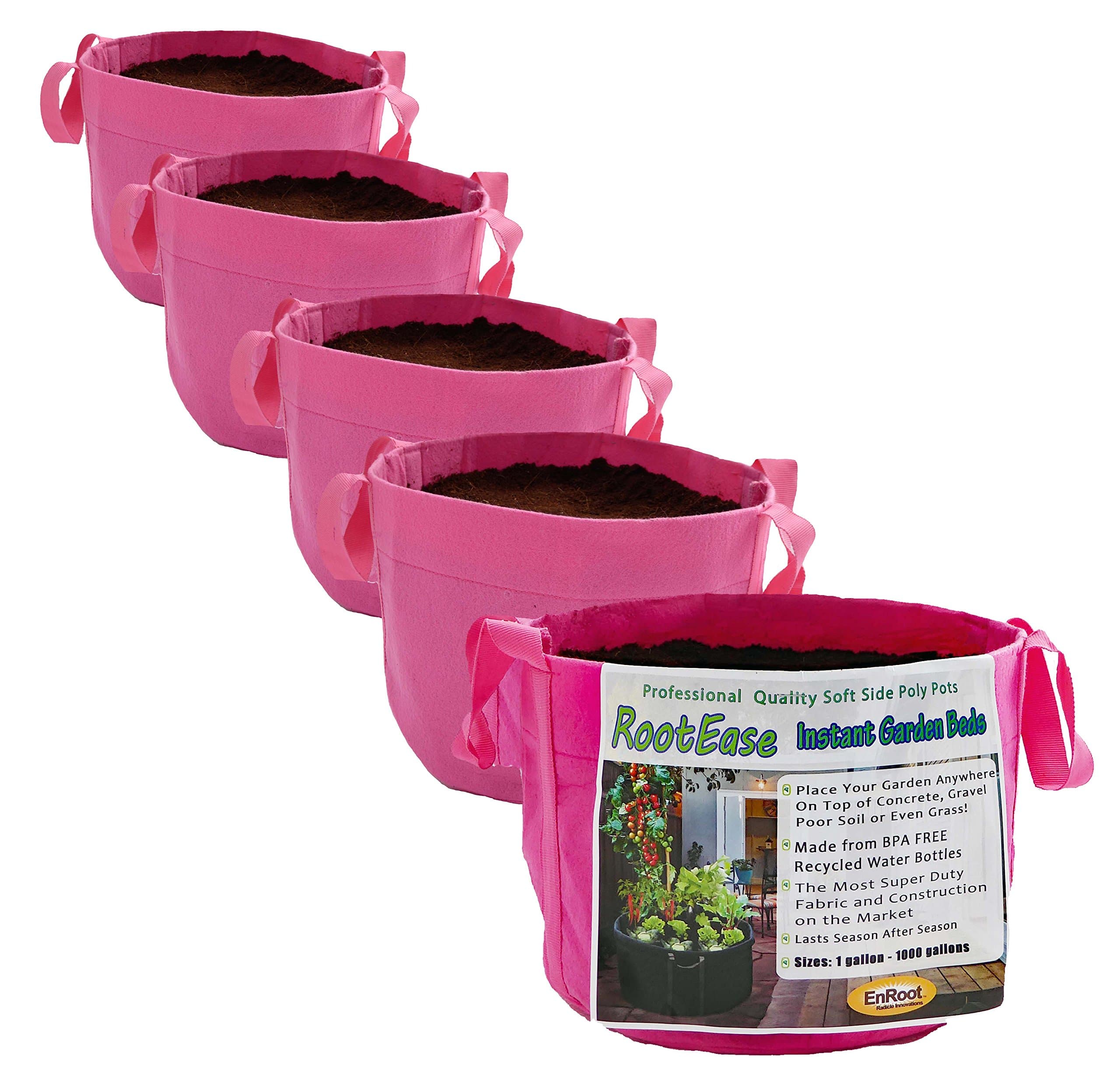 RootEase 5-Pack Garden Planting Fabric Pot, Heavy Duty Durable Grow Bags/Planter, Raised Bed Gardening, Best Eco-Friendly Grow Bags with Sturdy Handles (3 Gallon, Pink)