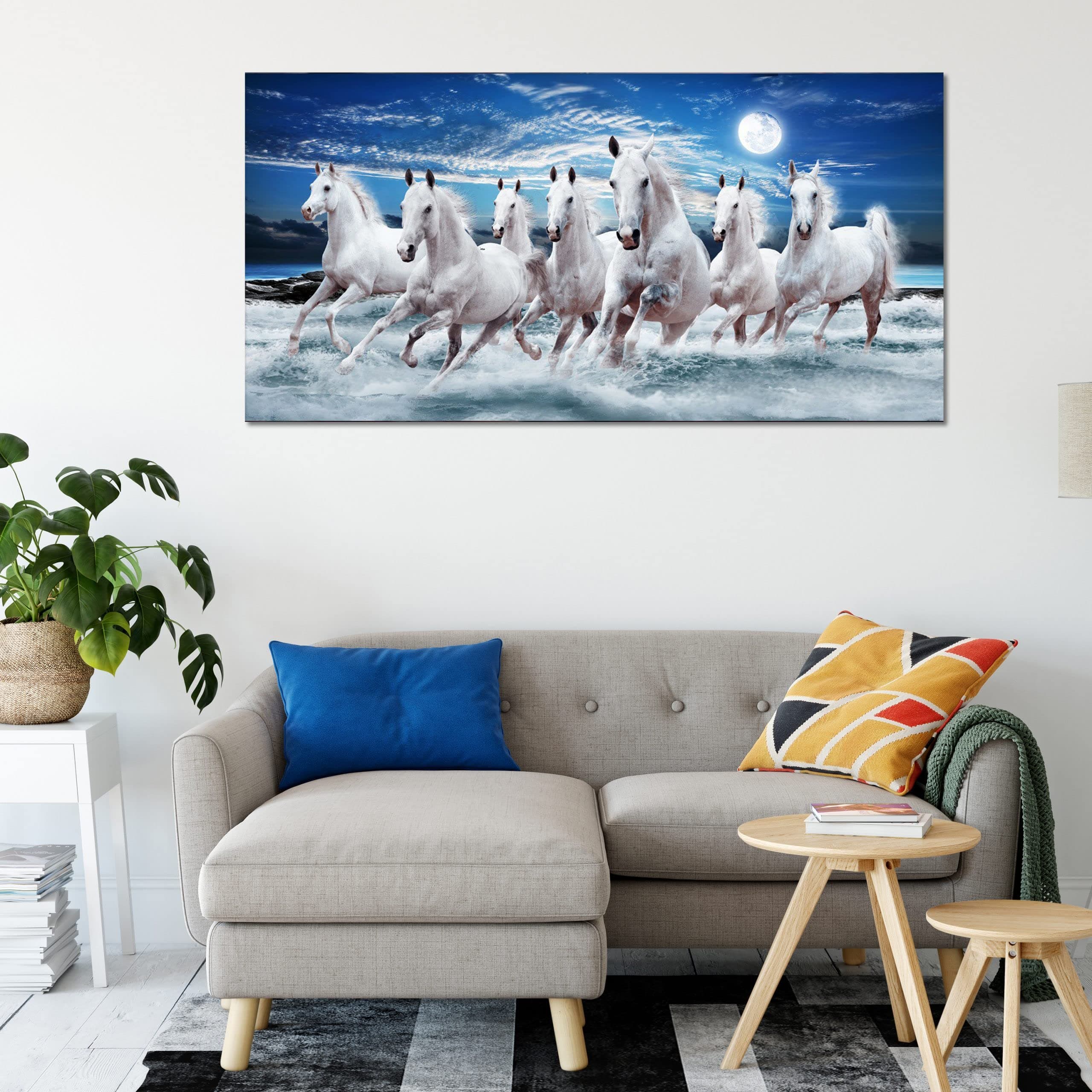 Sehar Crafts Seven Horses Canvas Wall Painting Vastu with Wooden Frame, Multicolour, 33 x 15 Inches.