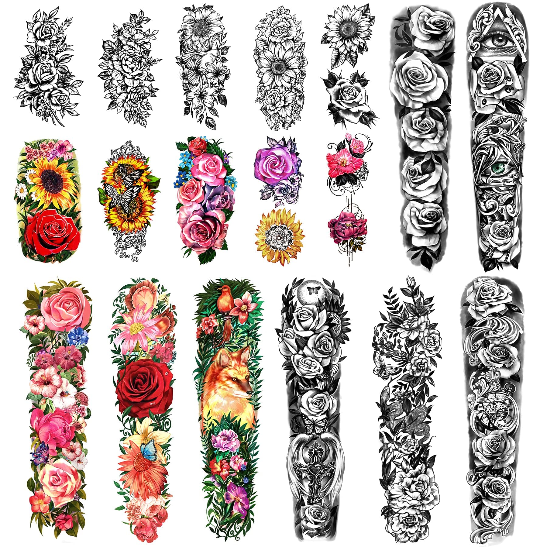Waterproof Full Arm Temporary Tattoos 8 Sheets and Half Arm Shoulder Tattoo 10 Sheets, Extra Large LastingTattoo Stickers for Women or Girls (58X18cm)