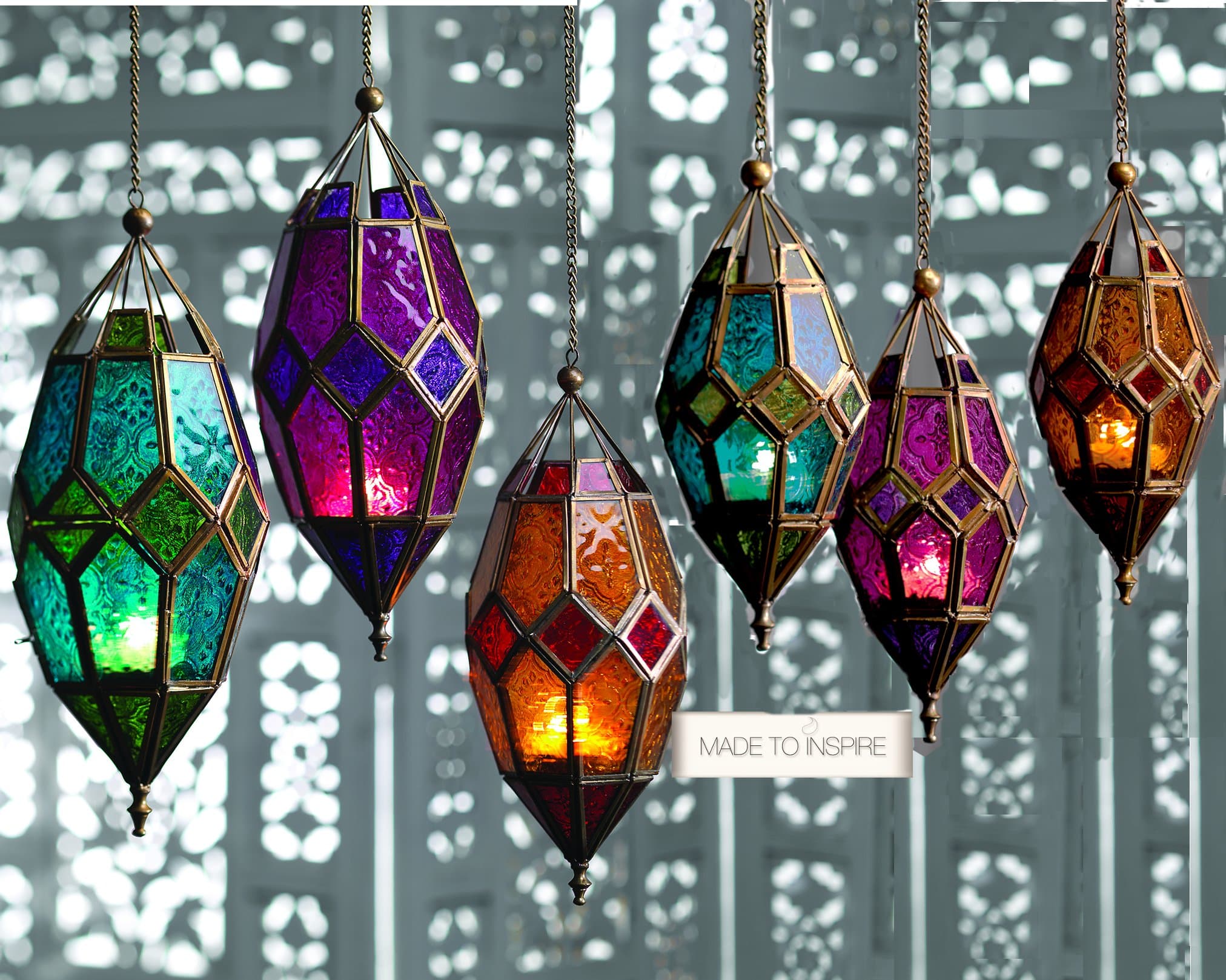 Authentic Moroccan Lampshade Style Large Classic Vintage Turkish Indoor Garden Tonal Glass Lantern Hanging Candle Tea Light Holders for Decorations, Medium Purple