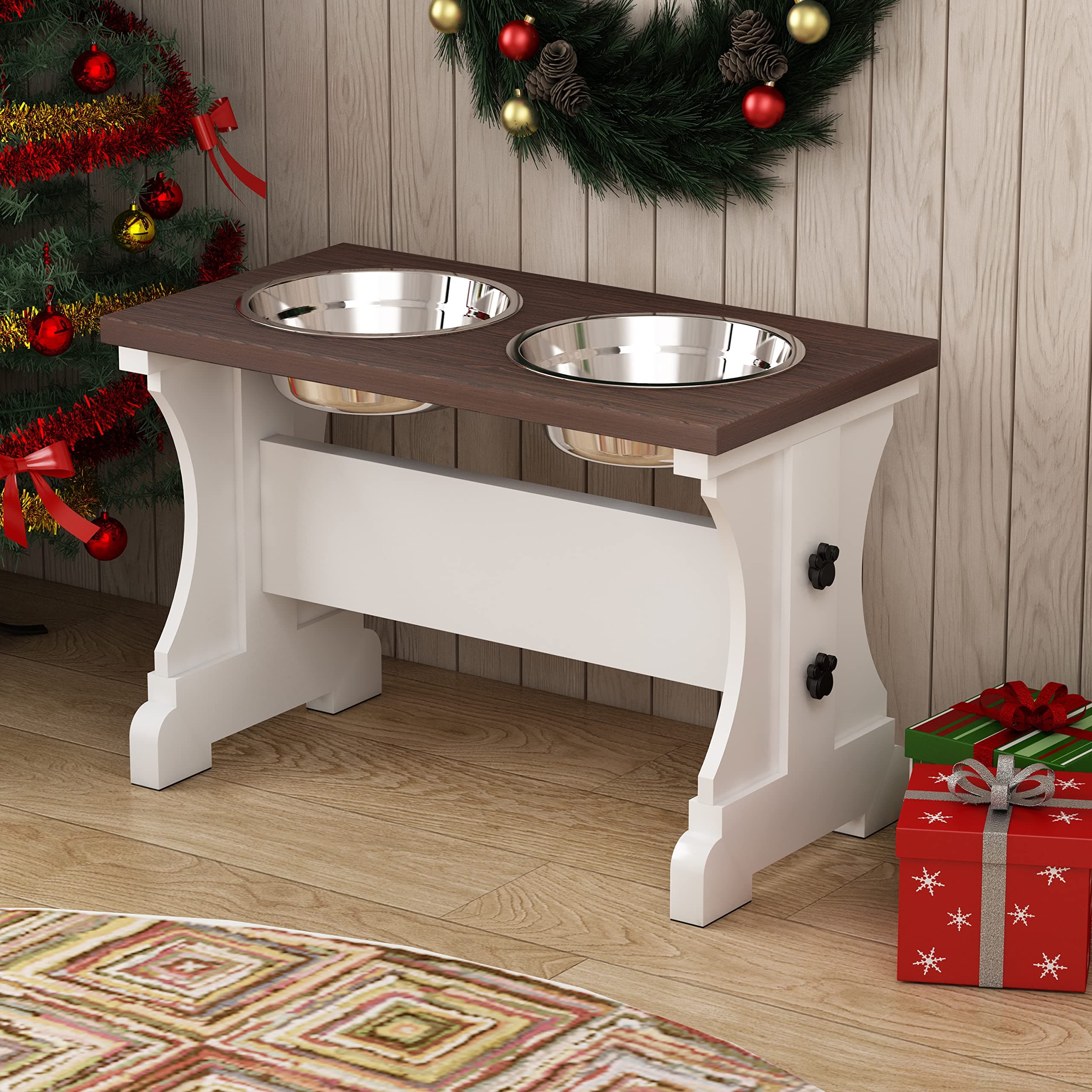 Piskyet Elevated Dog Bowls,Farmhouse Dog Bowls Stand, Raised Dog Bowl with 2 Stainless Steel Dog Bowls,Modern Wooden Dog Food Bowls,5.5 Cups 12''H_42 oz Bowl-Farmhouse Style