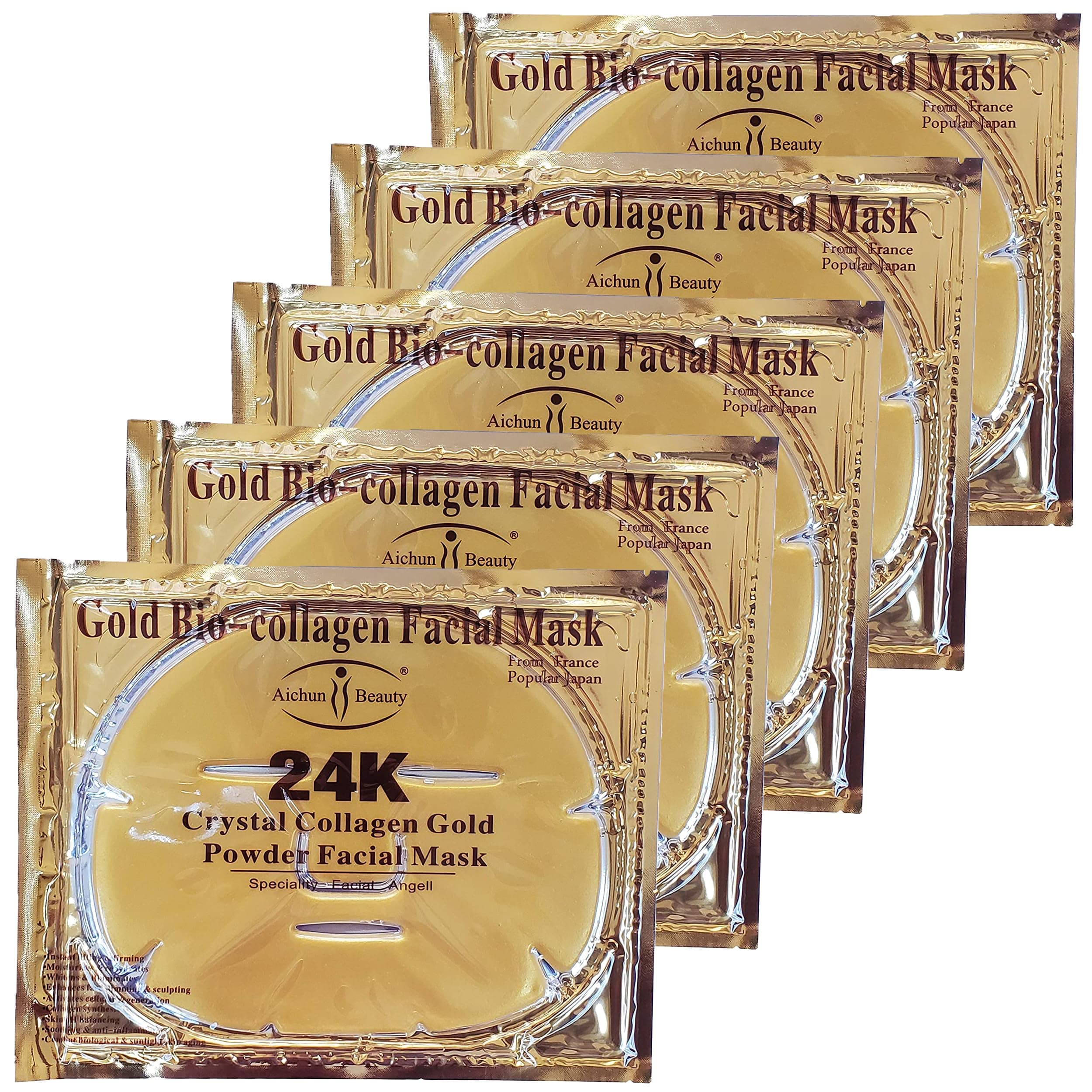 5PCS 24K Gold Gel Collagen Crystal Facial Masks Sheet Patch For Anti Aging Puffiness Anti Wrinkle Moisturizing Deep Tissue Rejuvenation and Hydrates Skin