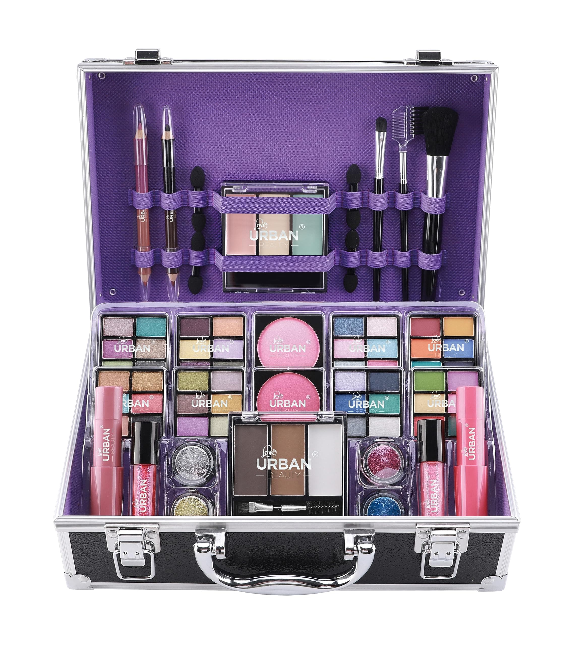 Love Urban Beauty Bliss Makeup Case With Vegan Products – Complete Suitcase Eyeshadow, Blusher, Lipstick, Eyebrow Wax And Powder, Brushes Aluminum-Framed Organizer