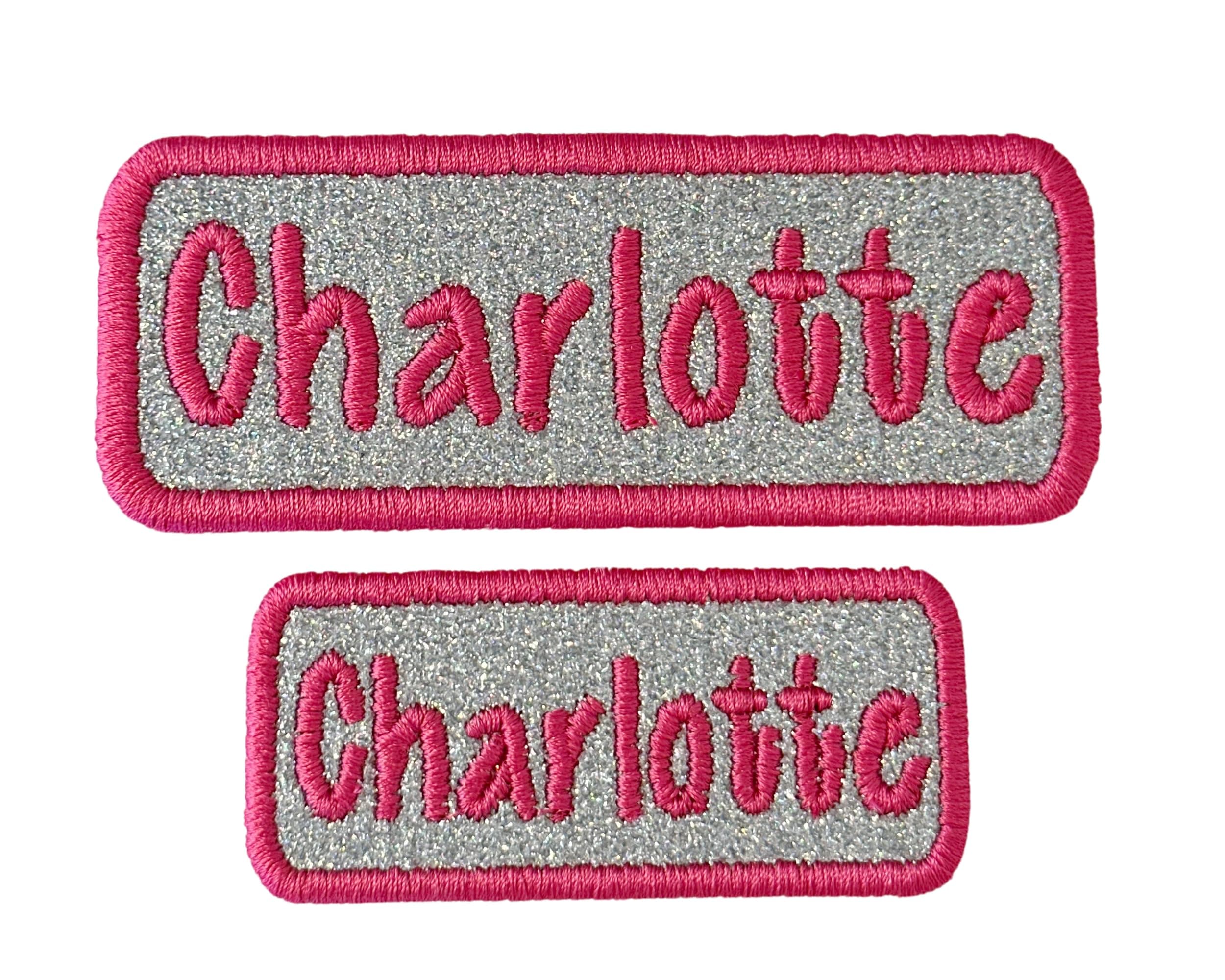 Custom Name Patches - Embroidered Personalized Sparkling Glitter - Matching Set of 2 Tags - Choose Your Colors Iron on or Sew on - for Backpacks, Jackets, Gifts, Bags and More (2 Patches Total)