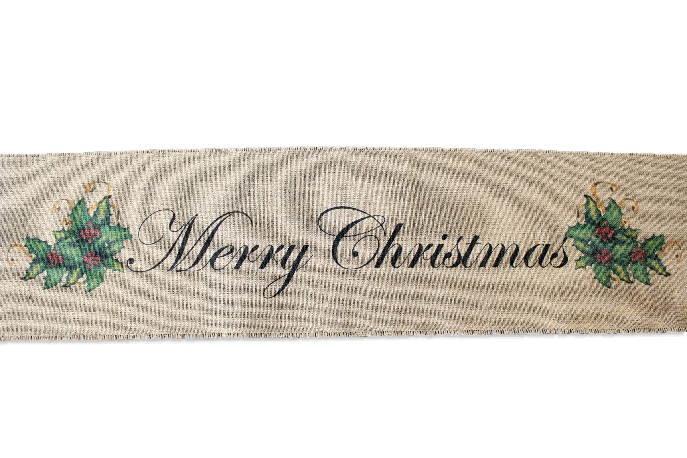 Merry Christmas burlap table runner with Holly Berries and ribbon