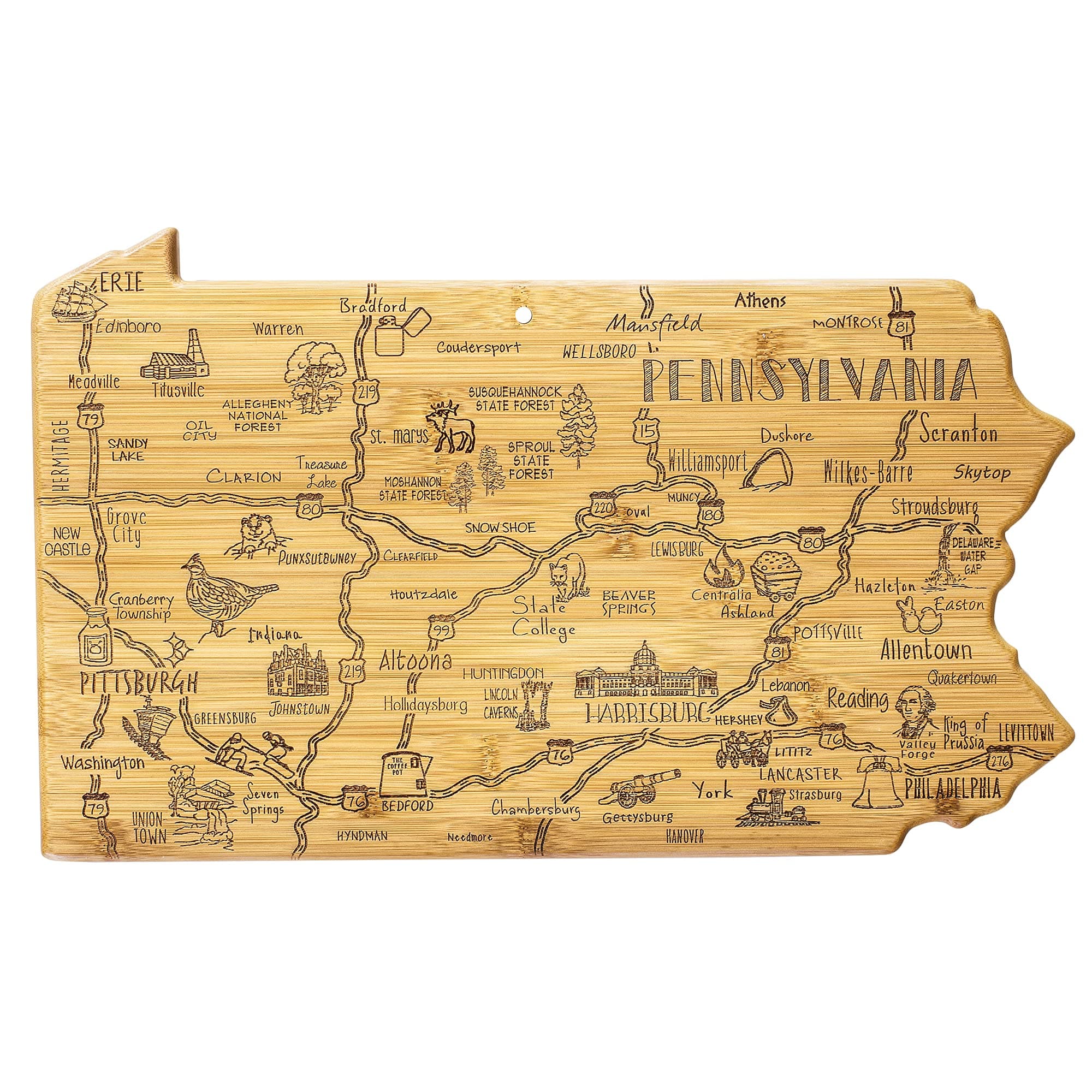Destination Pennsylvania Shaped Cutting Board – Bamboo Charcuterie and Serving Board with Hang Tie for Wall Display