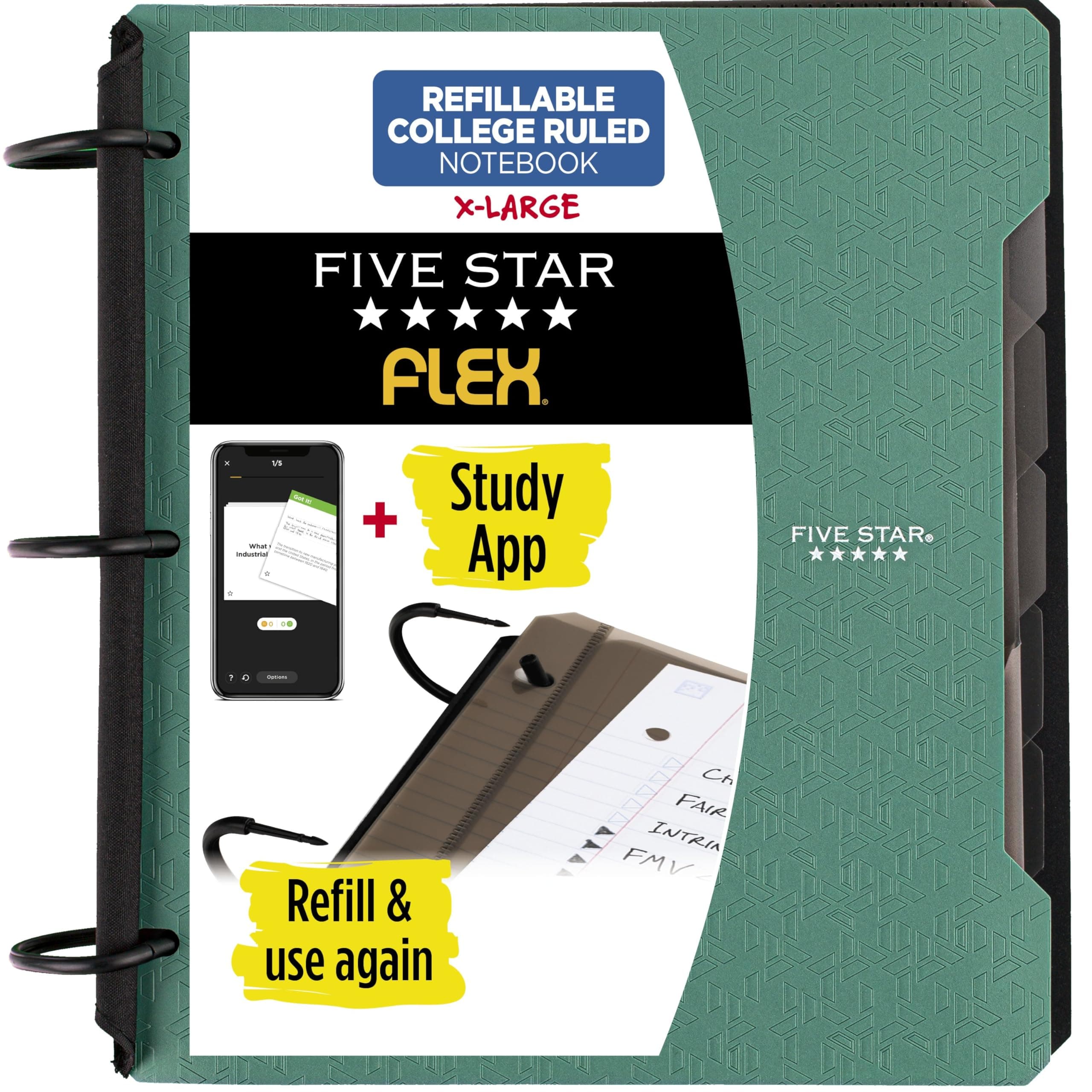 Flex Refillable Notebook + Study App, College Ruled Paper and 1-1/2 Inch TechLock Ring Binder with Pockets, Tabs and Dividers, 300 Sheet Capacity, Seaglass Green (29324AQ8)