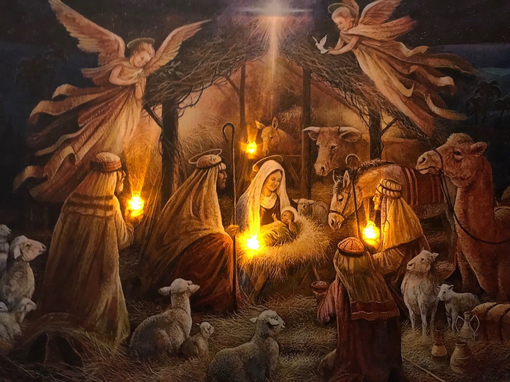 Spiritual Ruane Mannin Nativity Celebrating Jesus Birth--Ready to Hang Canvas with LED Enhancing Candles/Lanterns with Subtle and Beautiful Lighting on Jesus, Mary, Joseph, the 3 Wise Men, 2 Angels