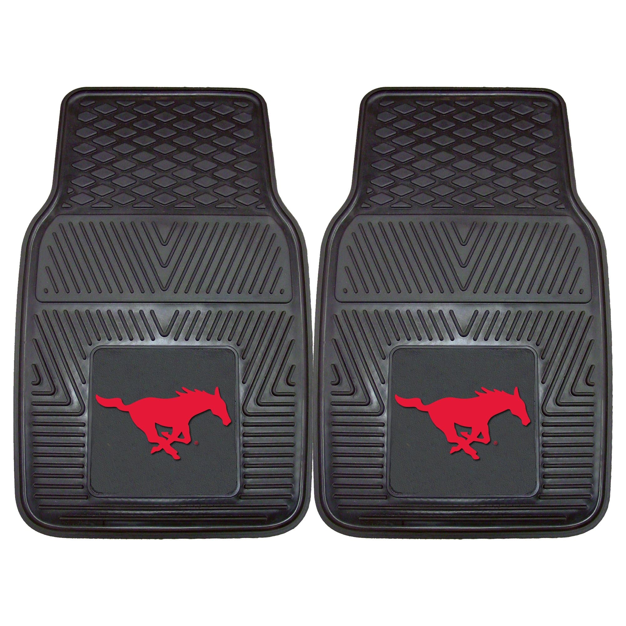 13010 SMU Mustangs 2-Piece Heavy Duty Vinyl Car Mat Set - 17" x 27", Front Row Floor Mats, All Weather Protection, Universal Fit, Deep Resevoir Design