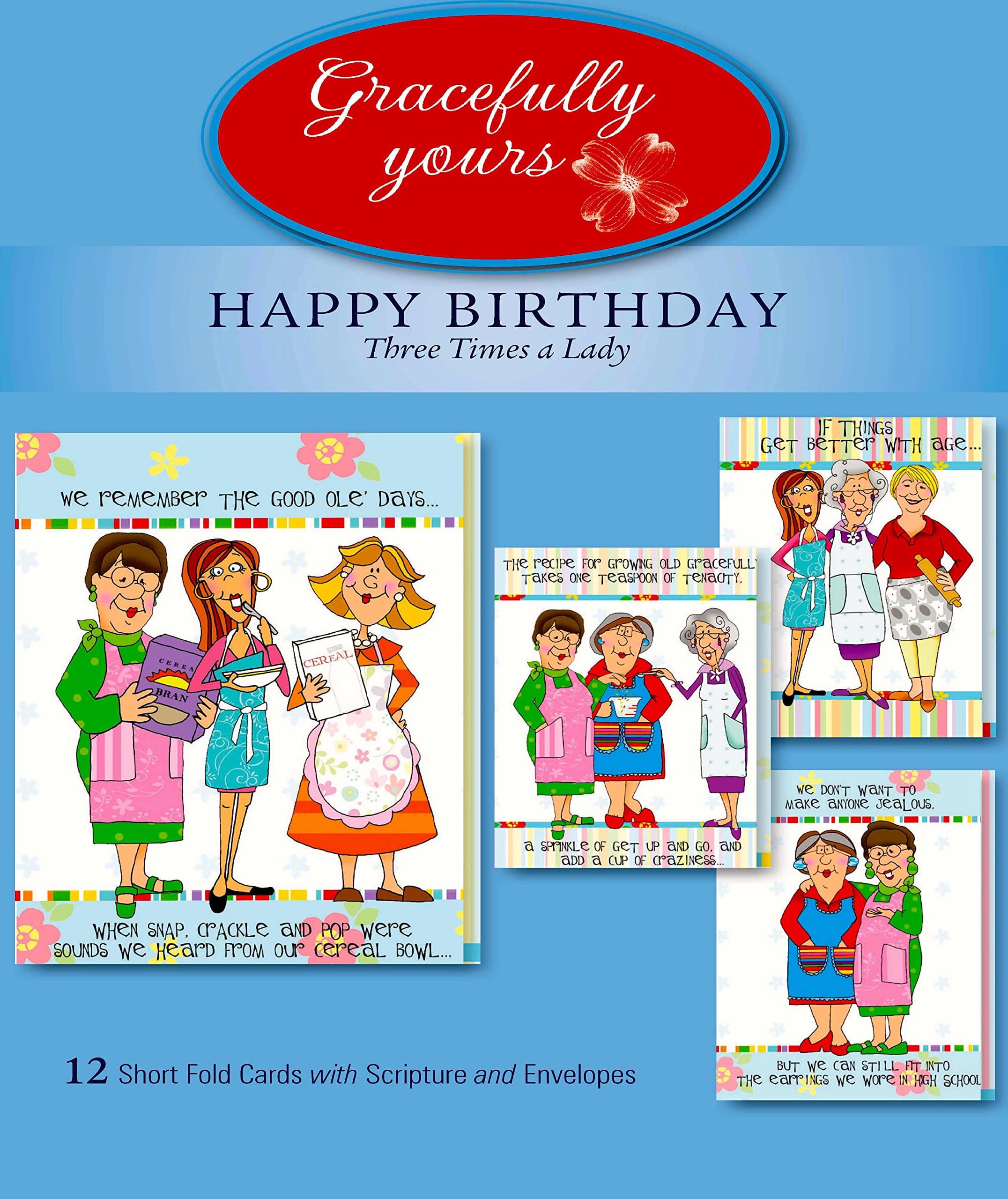 Gracefully Yours Church Kitchen Ladies 3 Times a Lady Birthday Greeting Cards Featuring Marylou Herald, 12, 4 Designs/3 Each with Scripture Message