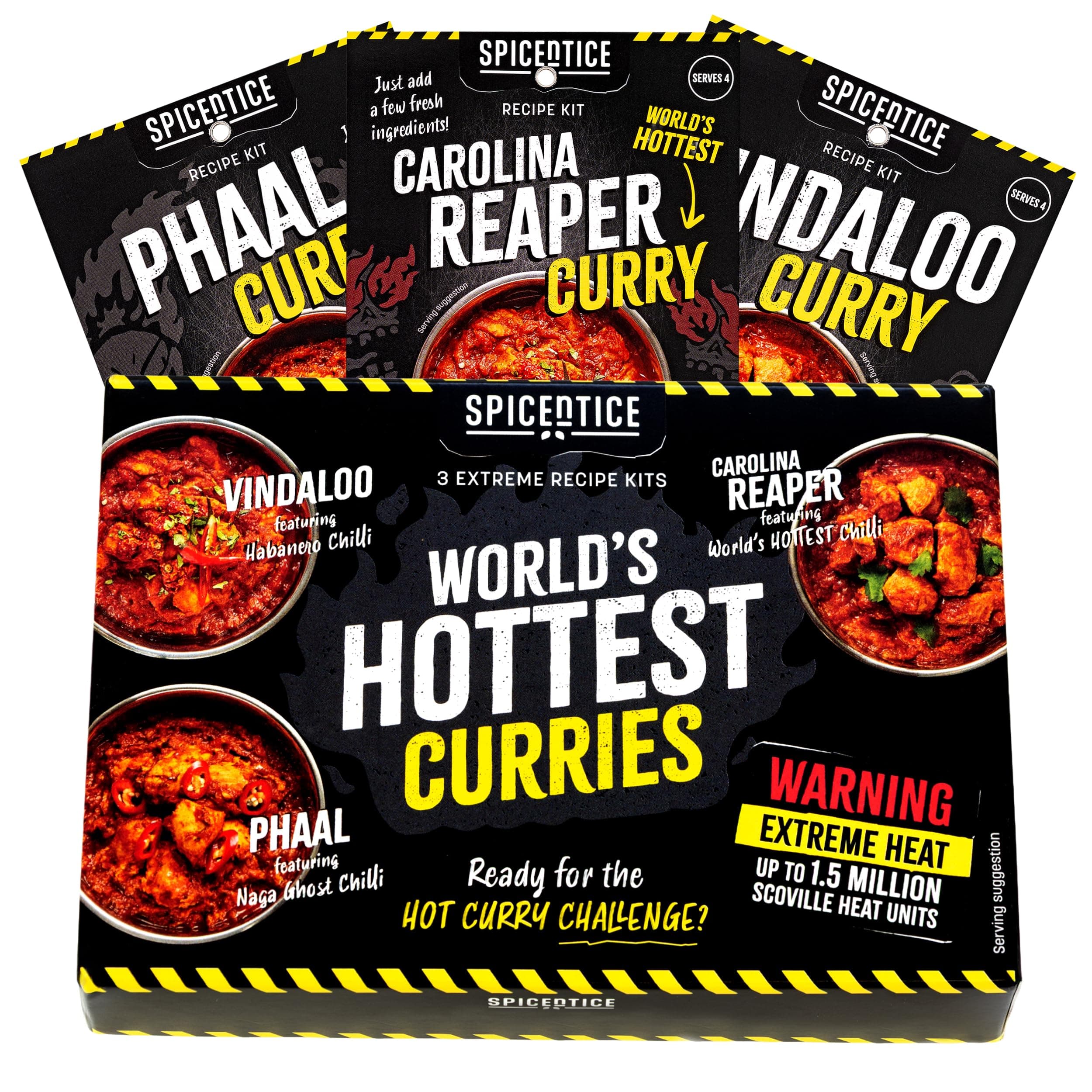 SPICE'N'TICE World's Hottest Curry Gift Set – 3 Extreme Hot Curry Spice Kits (Spices Included) – Carolina Reaper, Ghost Chilli & Habanero – Vegan-Friendly Food Gift for Chilli Lovers
