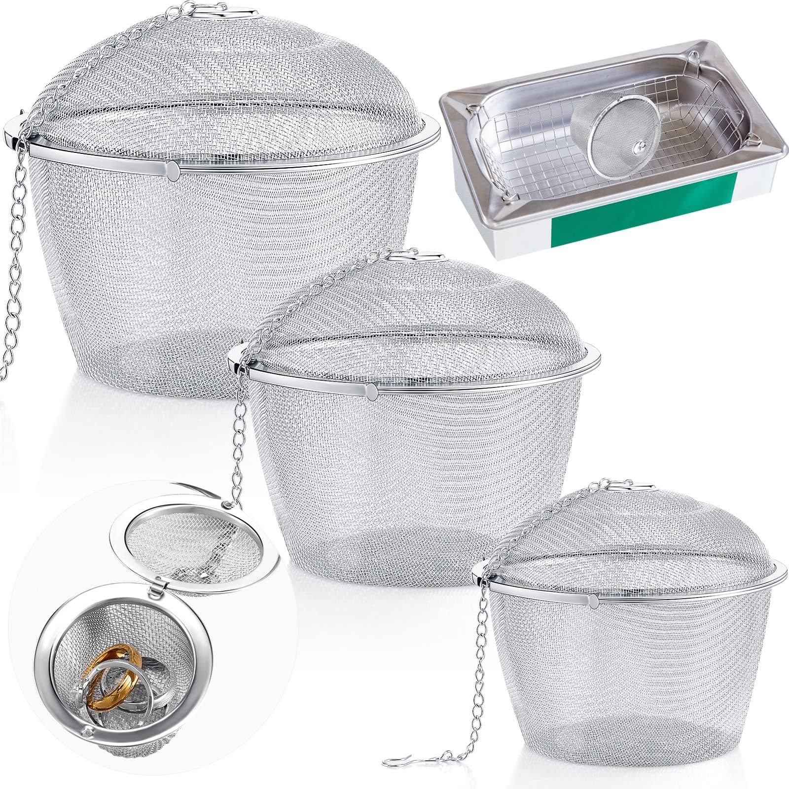 Honeydak 3 Jewelry Cleaner Baskets Jewelry Steam Cleaner Basket Stainless Steel Basket for Small Part and Cleaner Solution with Lock and Hook (1.7,2.5,4.3 Inch)