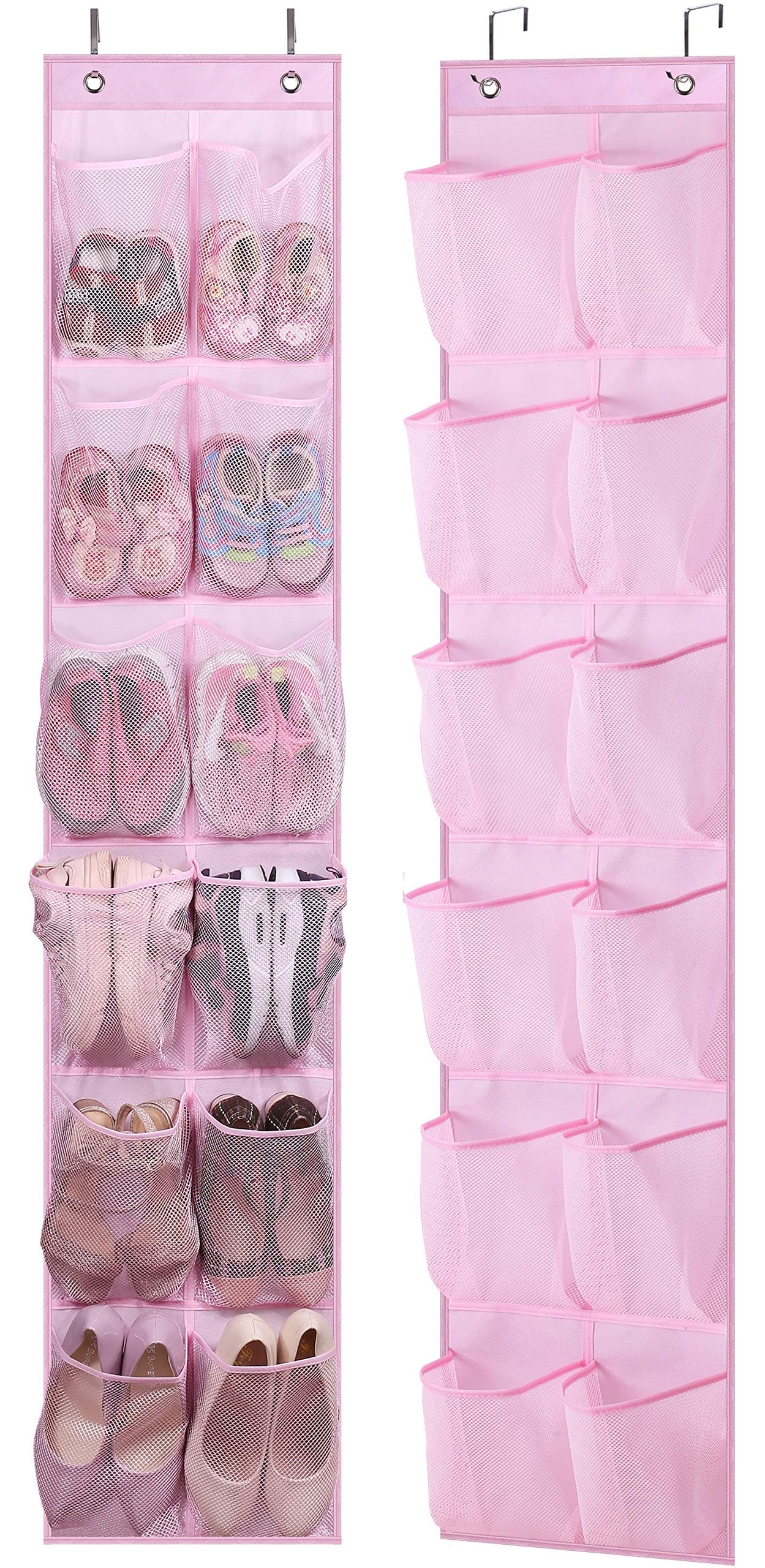 MISSLO Kids Over the Door Hanging Shoe Storage Narrow Shoe Organiser Rack with 12 Mesh Pockets Door Organizer for Girl Women Men Baby for Nursery Bathroom Closet Holder Hanger, 2 Packs, Pink