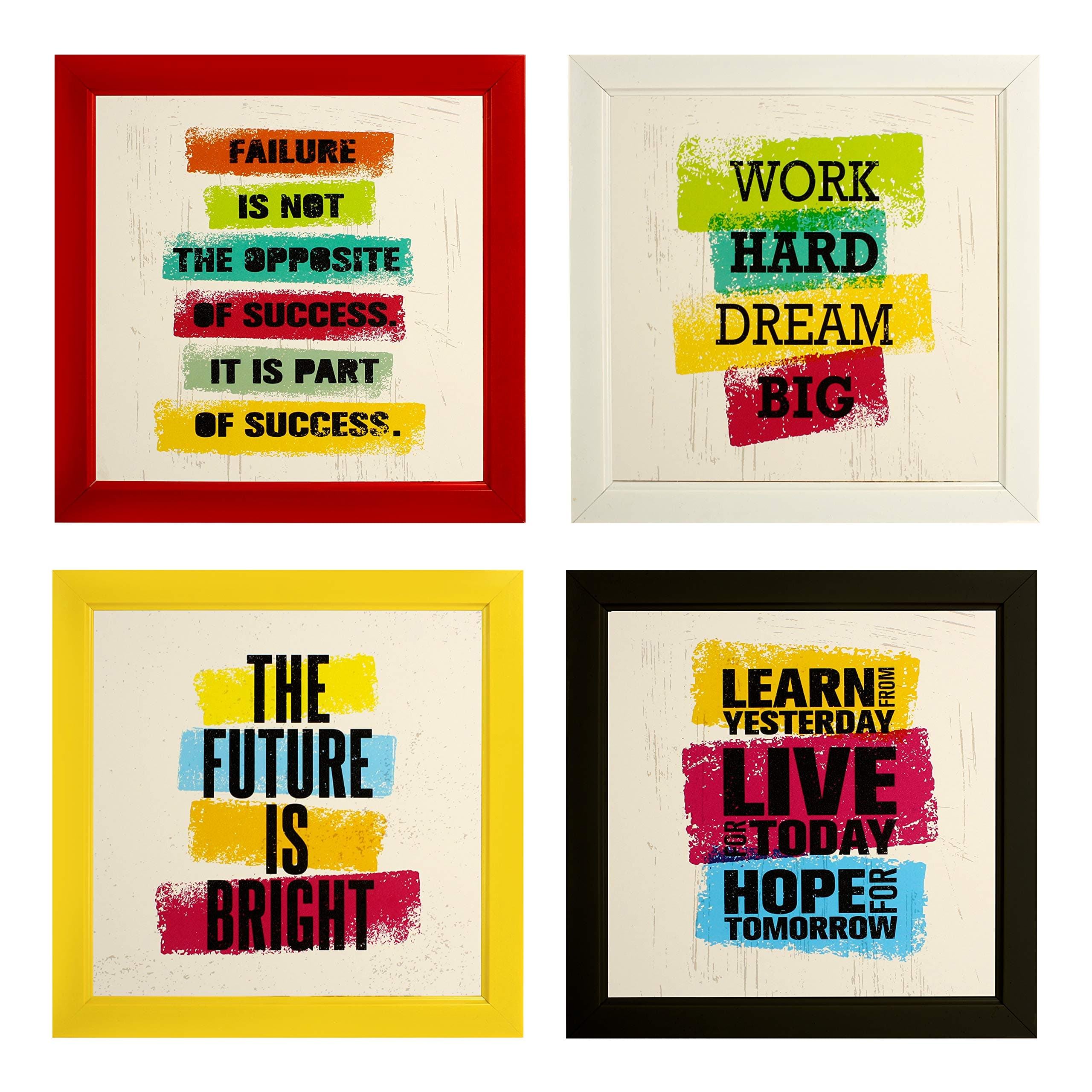 Set of 4 Motivational Quotes Paintings in Red Yellow Black White Frames (2131) without glass 9.5 x 9.5 inch each