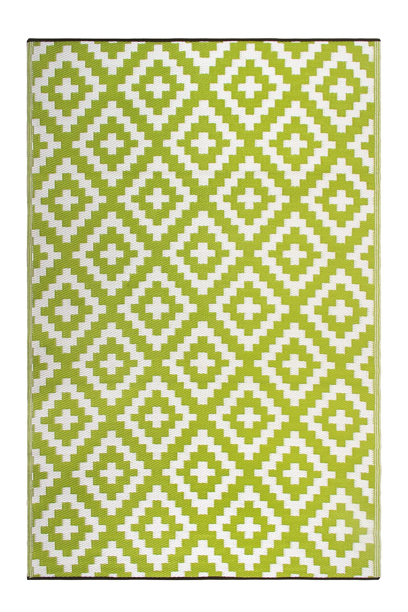 Outdoor Rug - Waterproof, Fade Resistant, Reversible - Premium Recycled Plastic - Geometric - Patio, Deck, Porch, Balcony, Laundry Room - Aztec - Green & White Crease Free - 4 x 6 ft