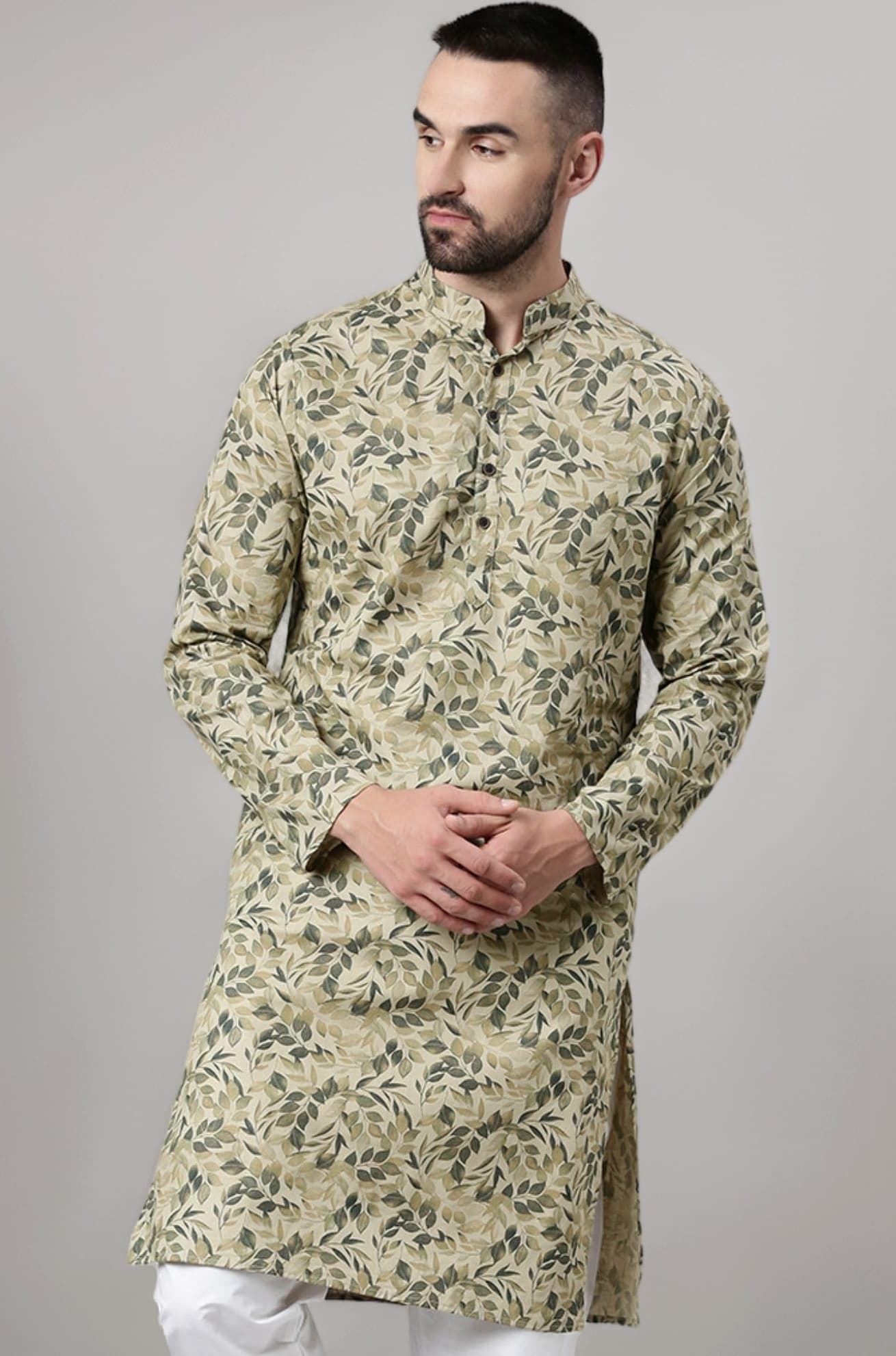 Men's Cotton Regular Fit Casual Mandarin Collar Ethnic Motifs Printed Long Regular Kurta