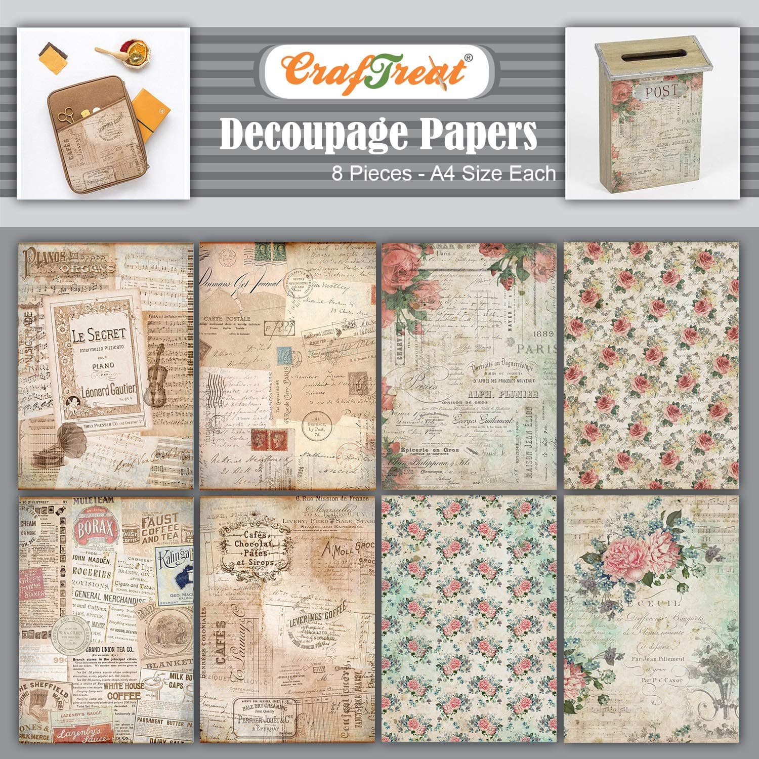 CrafTreat Vintage French Decoupage Paper for Crafts - French Background and Floral Fantasy - Size: A4-8 Pcs - Script Decoupage Paper for Scrapbooking - Furniture Decoupage Paper French Writing