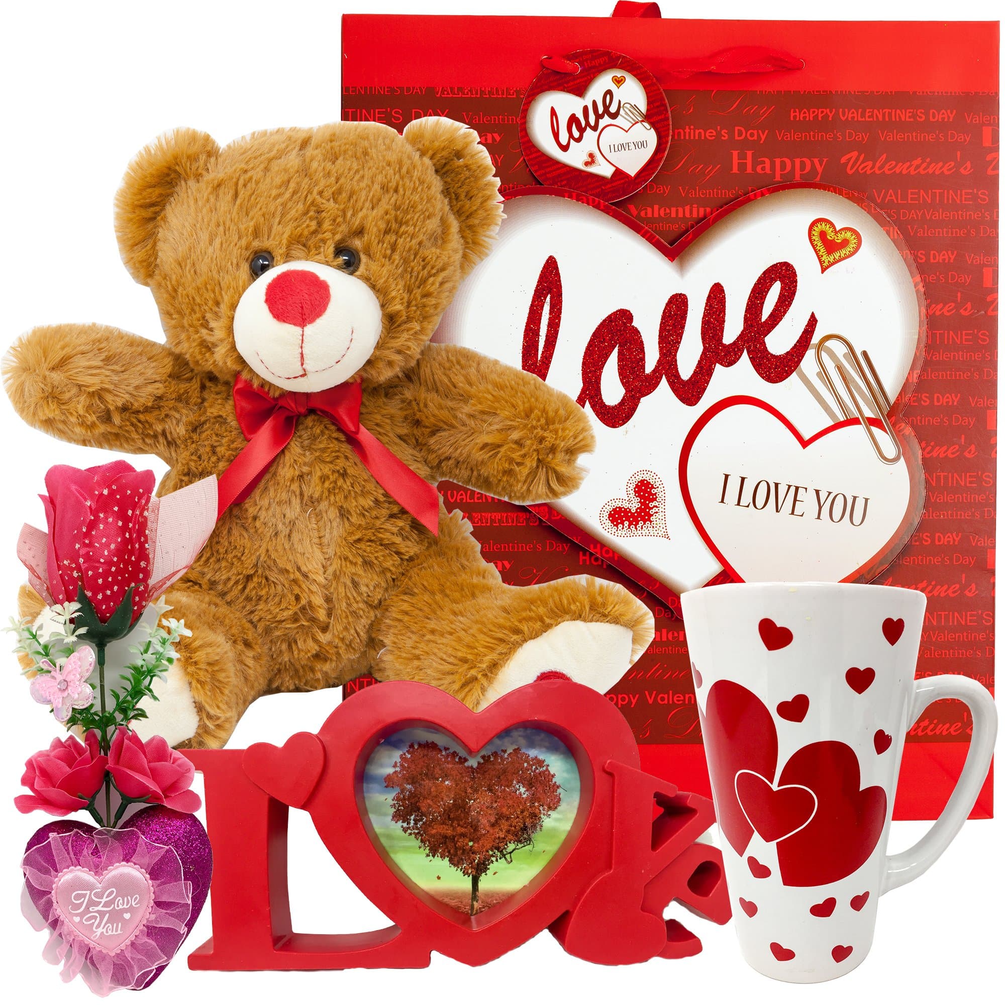 Basket Set | 12 Inch Teddy Bear Plush, 15 Oz Ceramic Mug, I Love You Flower Box, Love Red Shaped Photo Frame & V-Day Themed Gift Bag | for Her Wife Girlfriend Mother Daughter