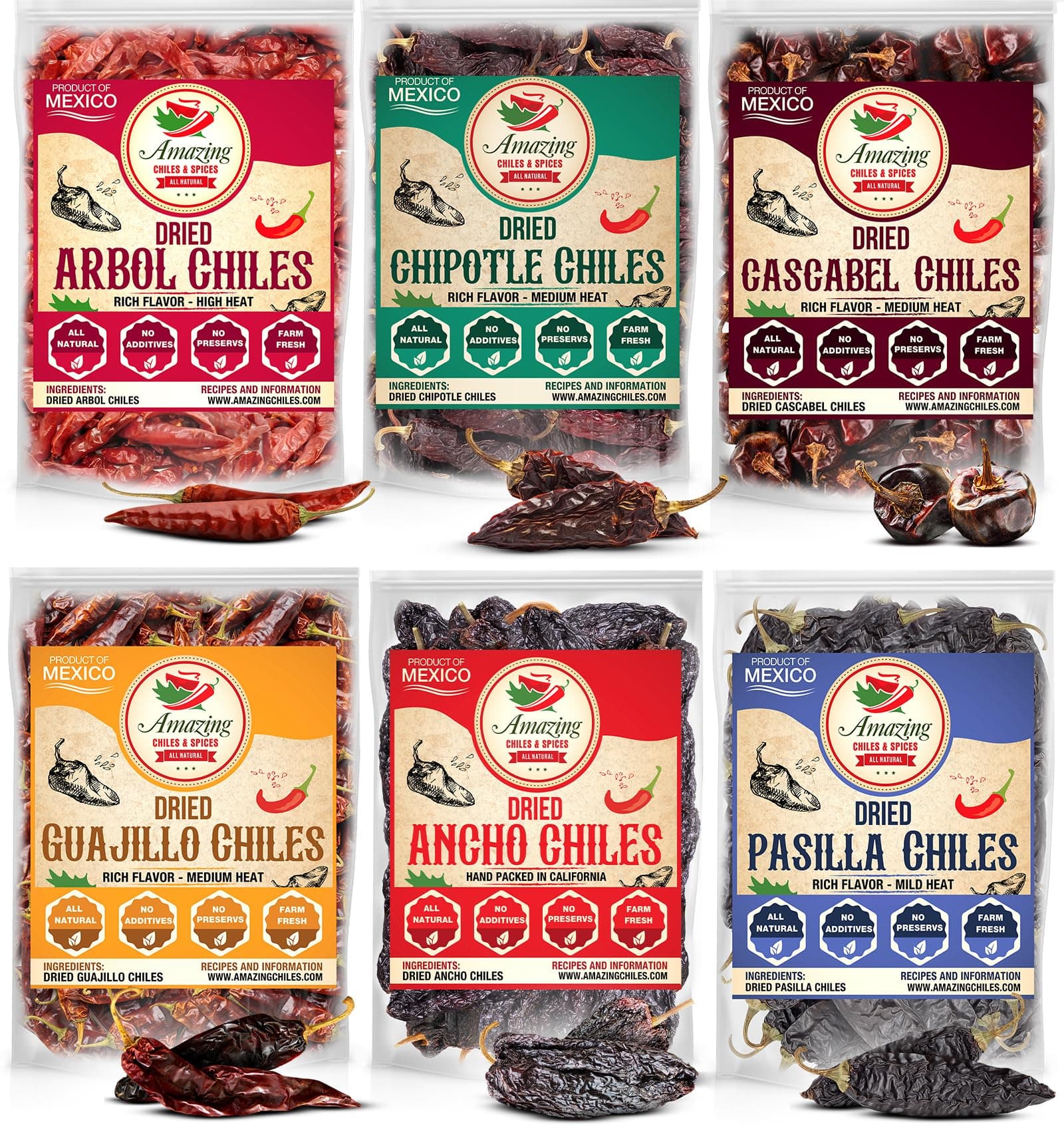 Dried Peppers 6 Pack Bundle - Ancho, Guajillo, Pasilla, Arbol, Chipotle, Cascabel (24oz Total). By Amazing Chiles & Spices