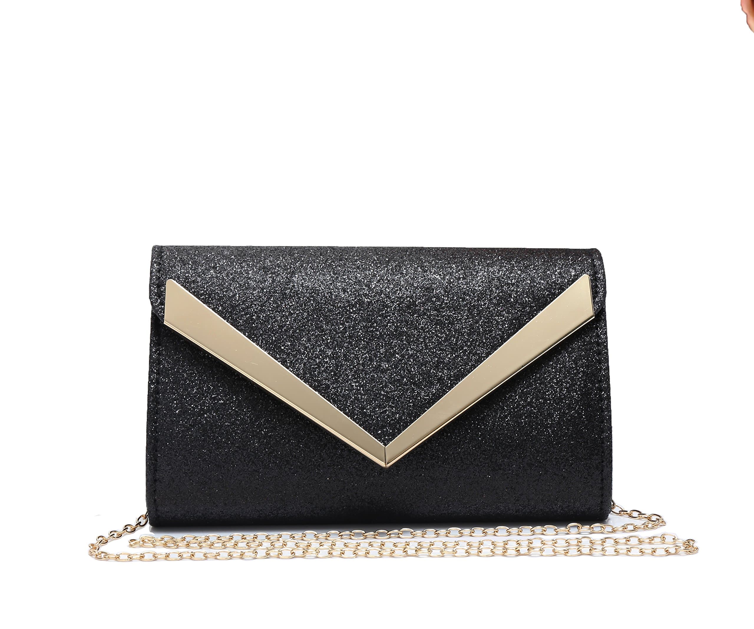 Foxlady's Women's Glitter V Shape Lightweight Envelope Clutch and Evening Black Bag
